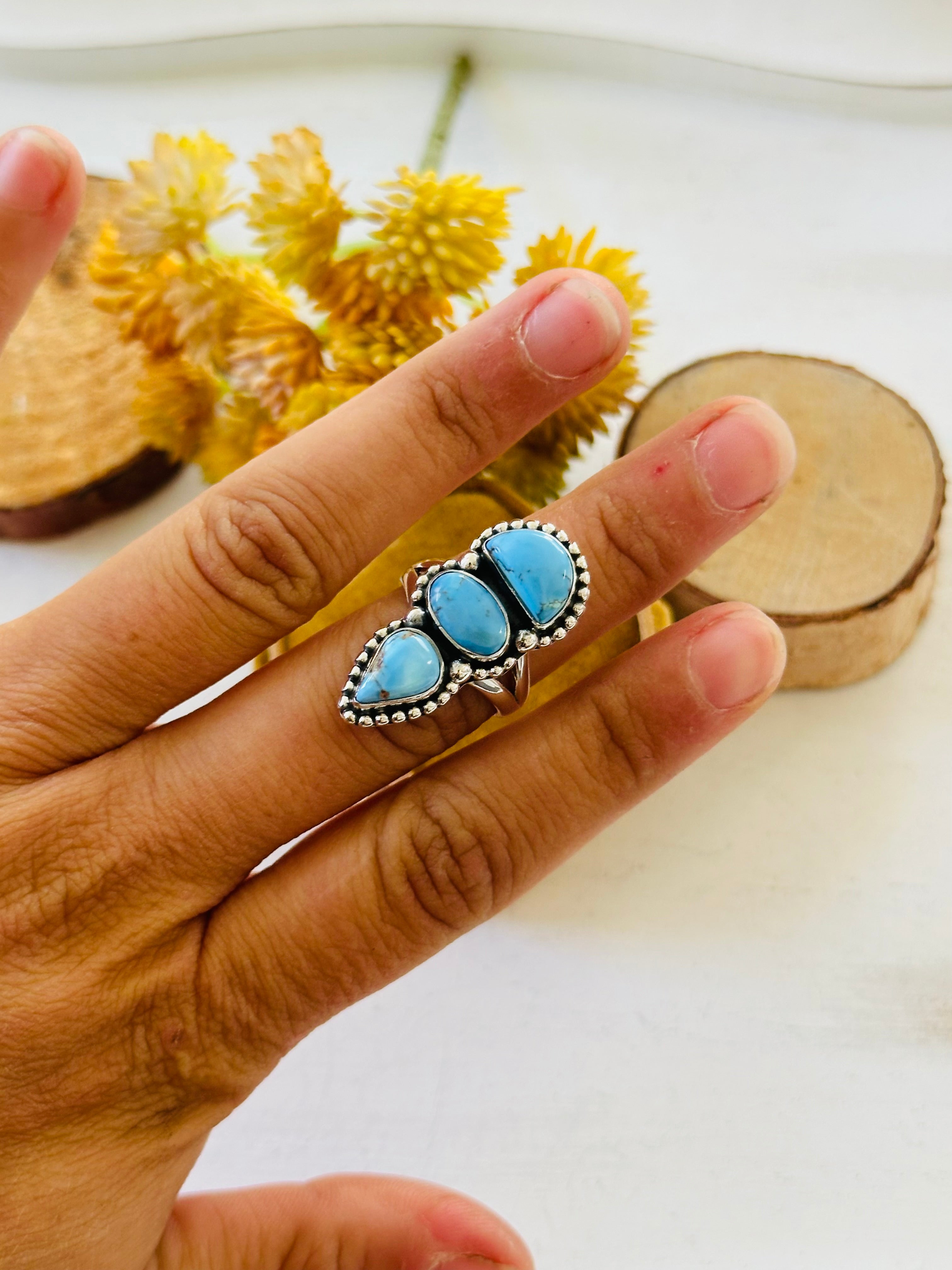 Southwest Handmade Golden Hills Turquoise & Sterling Silver Ring Size 6.5