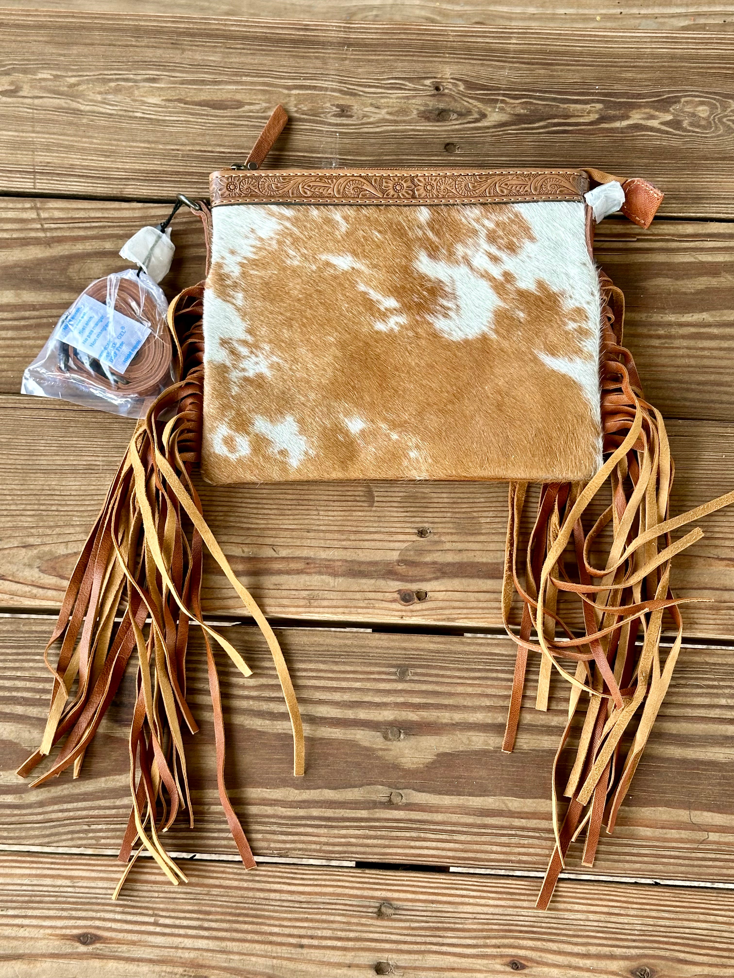 Genuine Leather Cowhide Tooled Cross Body Fringe Purse