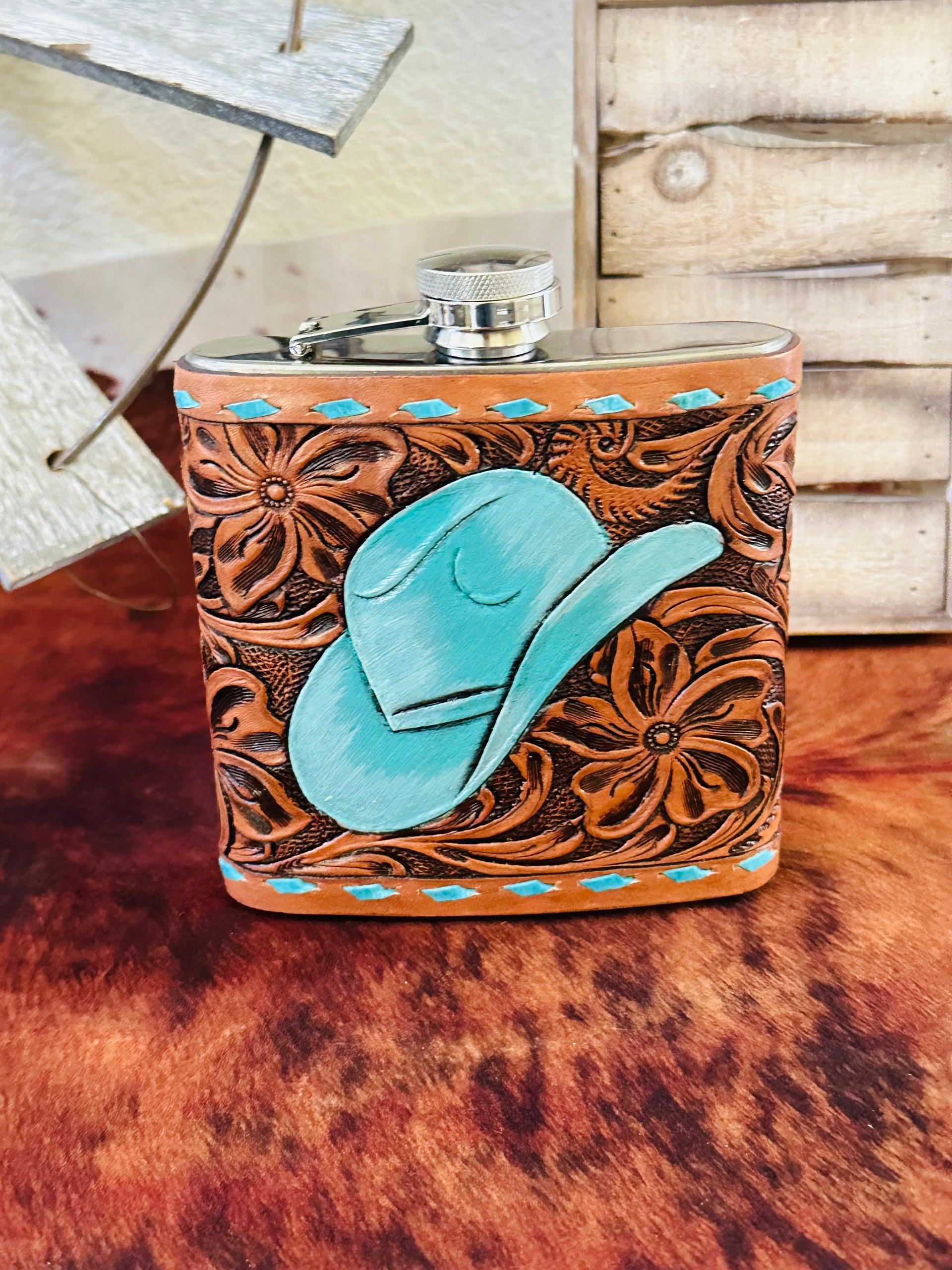Genuine Tooled Leather 16 oz Flask