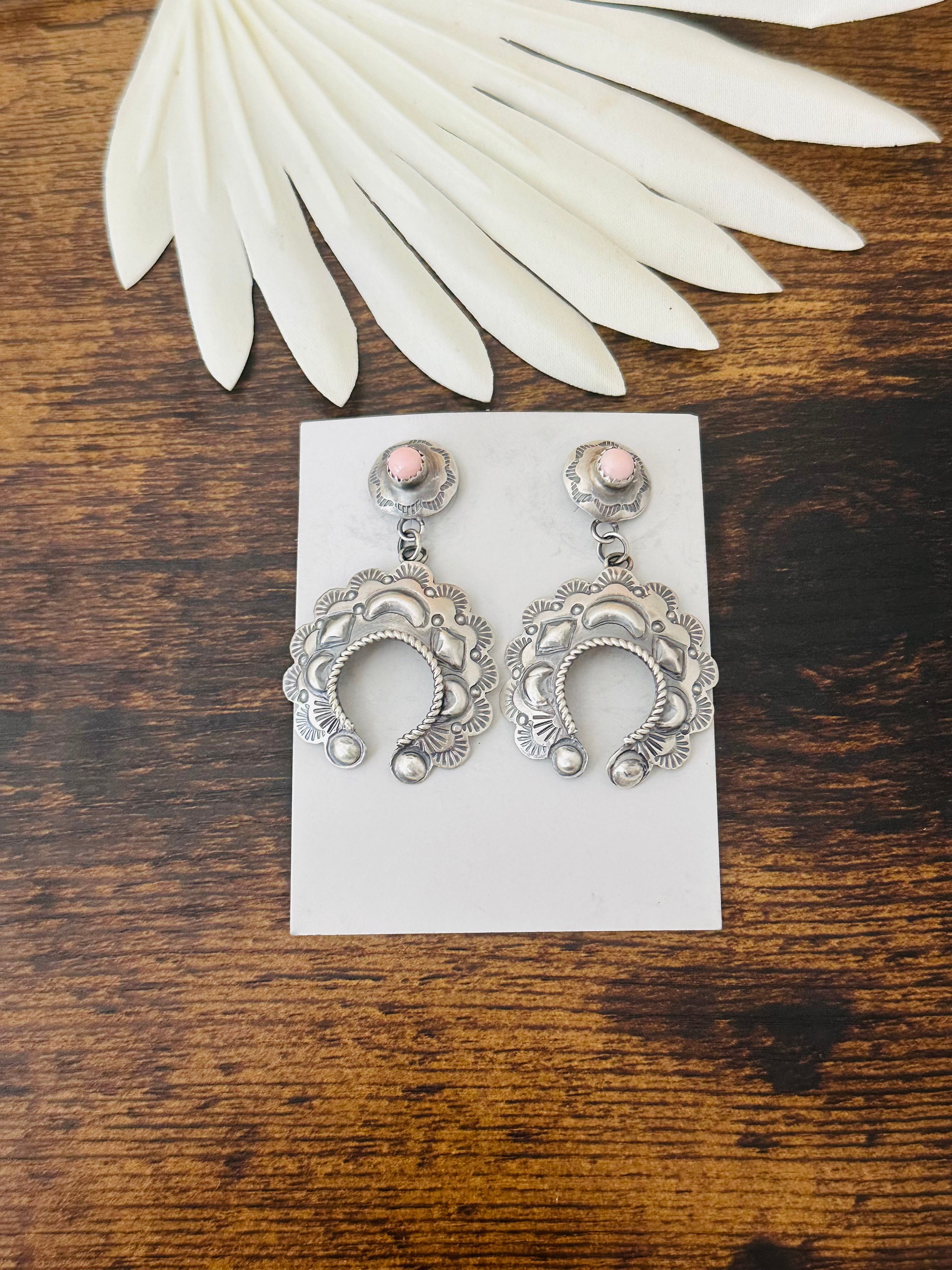 Navajo Made Pink Conch & Sterling Silver Post Dangle Concho Earrings