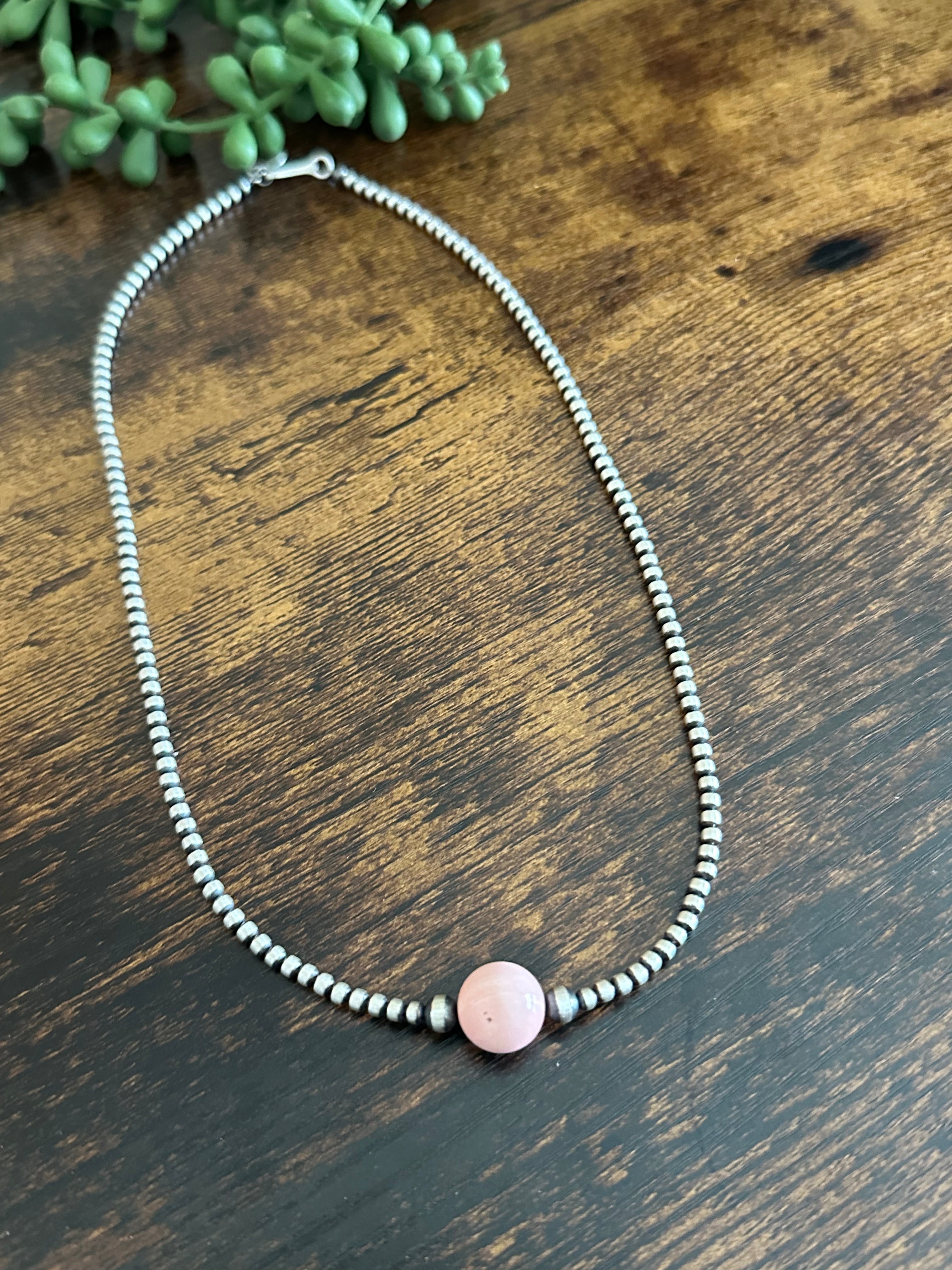 Navajo Strung Pink Conch & Sterling Silver Pearls Beaded Necklace