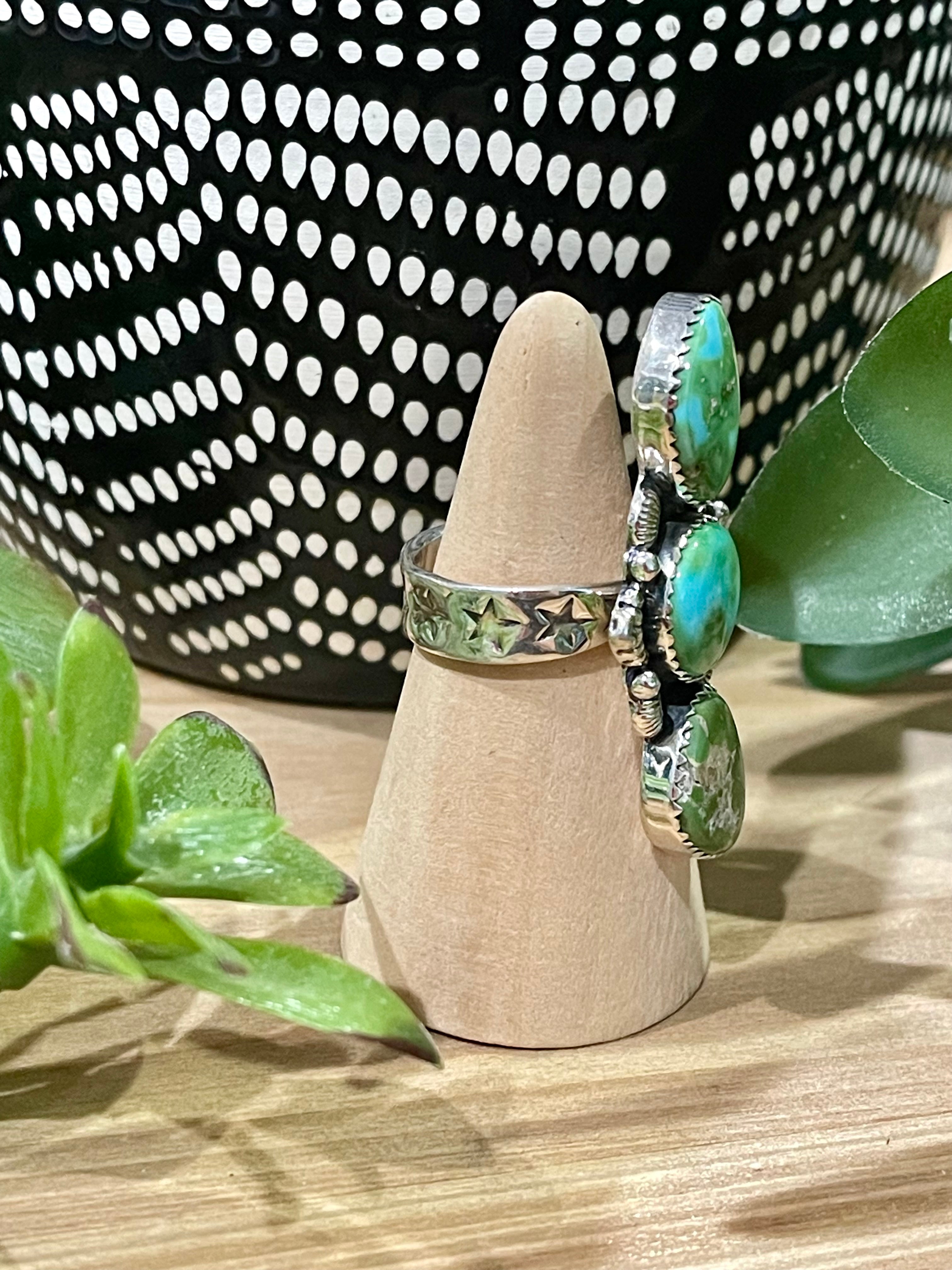 Southwest Handmade Sonoran Mountain Turquoise & Sterling Silver 3 Stone Adjustable Ring