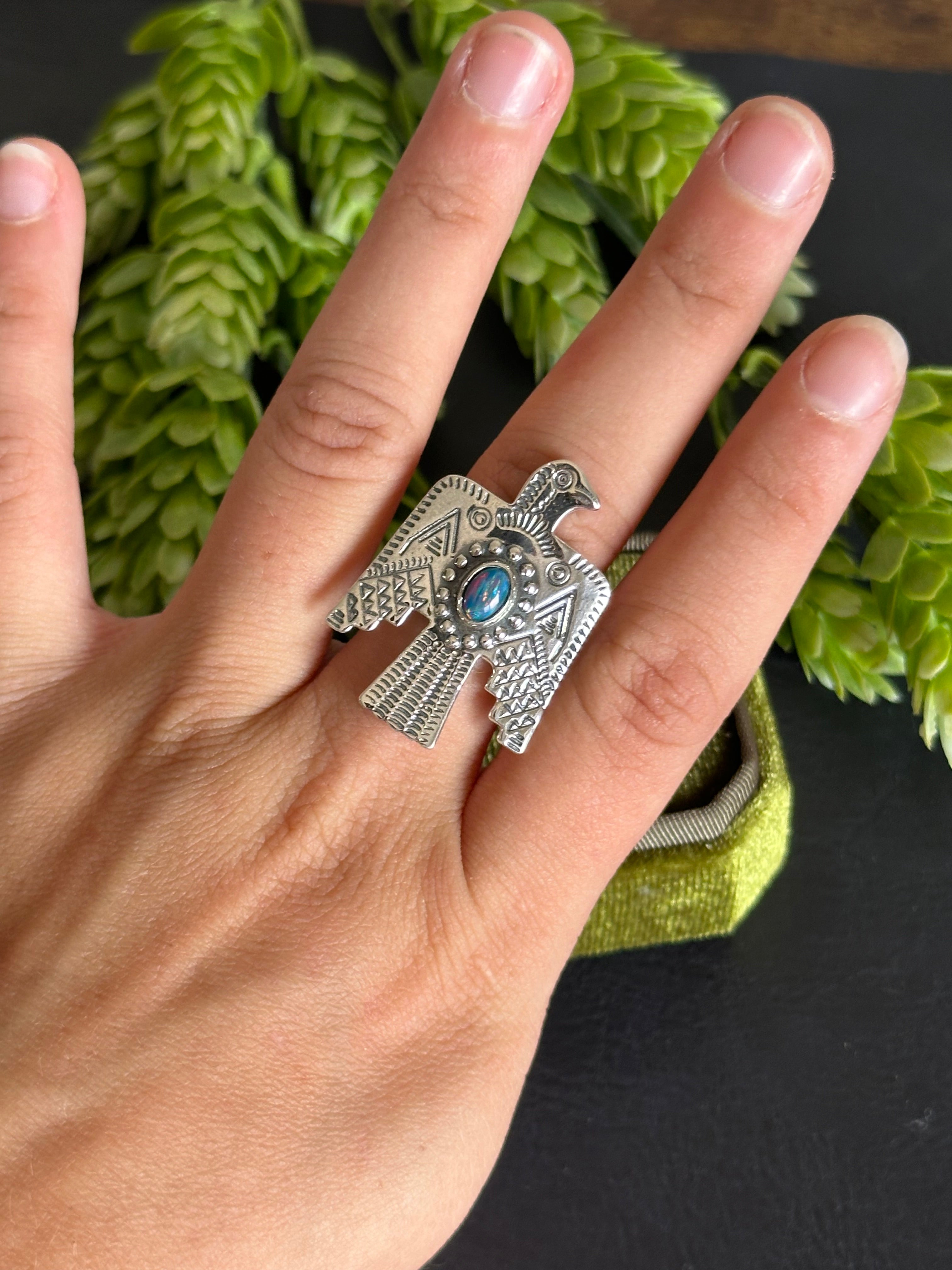 Southwest Handmade Opal & Sterling Silver Thunderbird Adjustable Ring