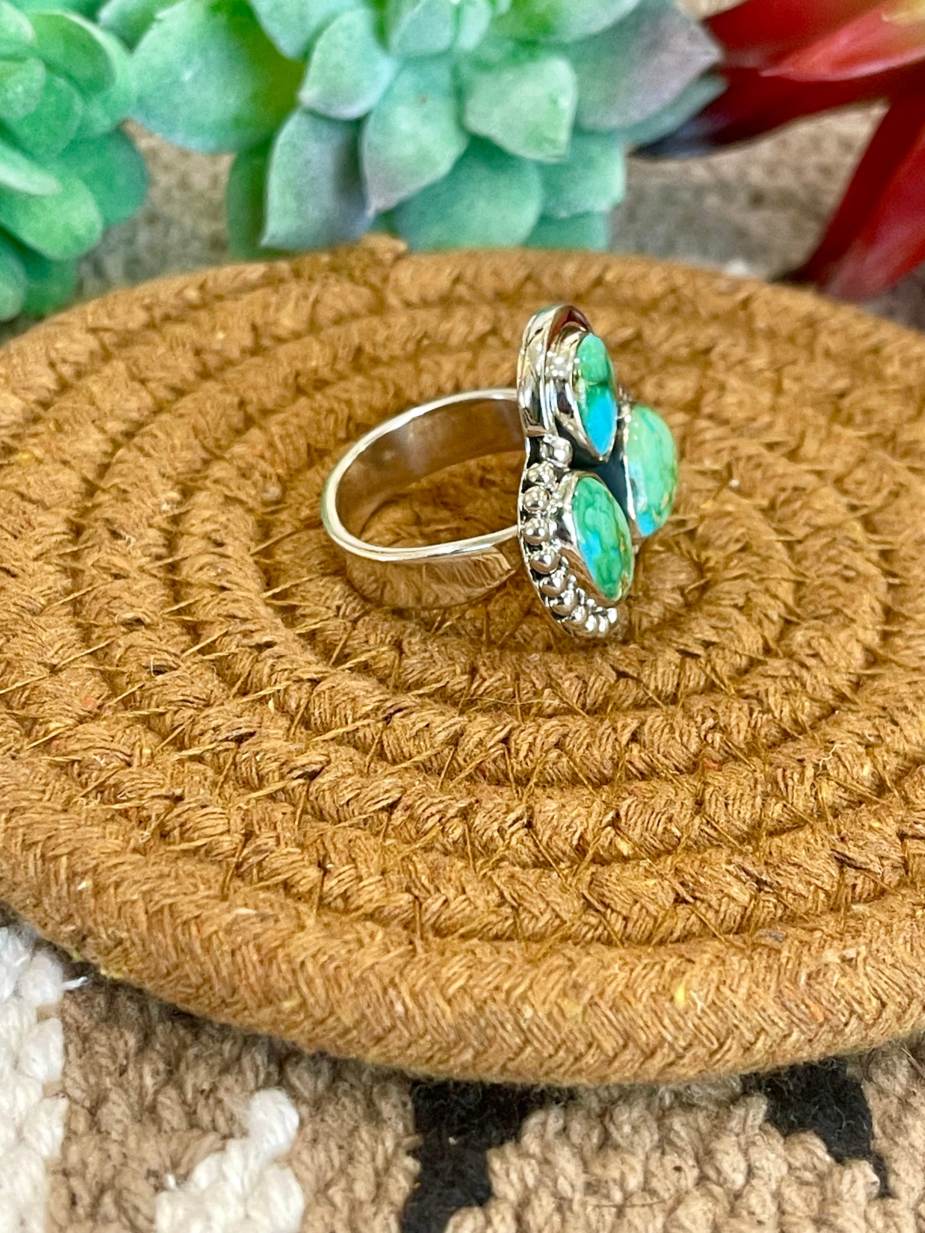 Southwest Handmade Sonoran Mountain Turquoise & Sterling Silver Adjustable 3 Stone Ring