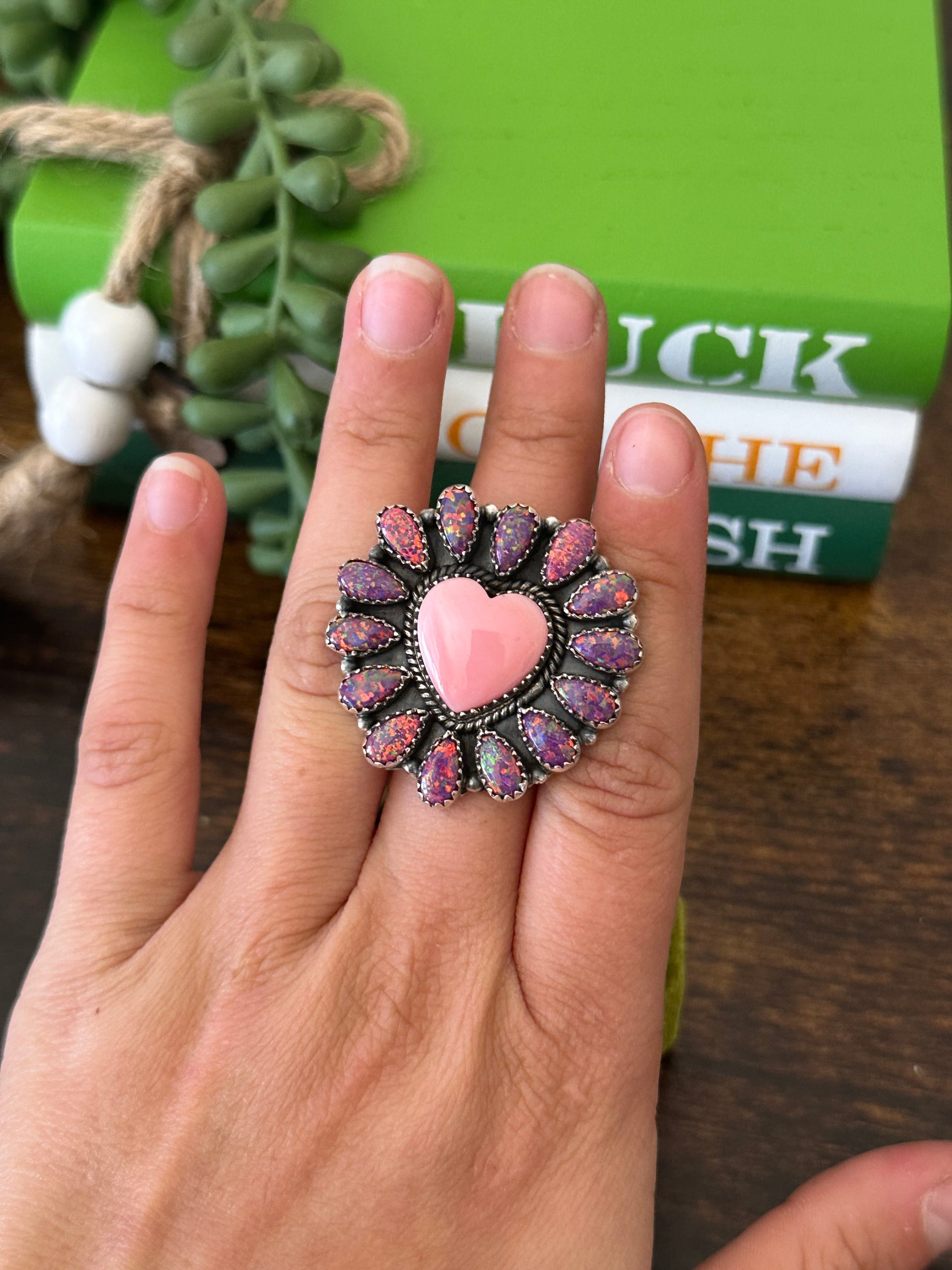 Southwest Handmade Multi Stone & Sterling Silver Adjustable Cluster Heart Ring