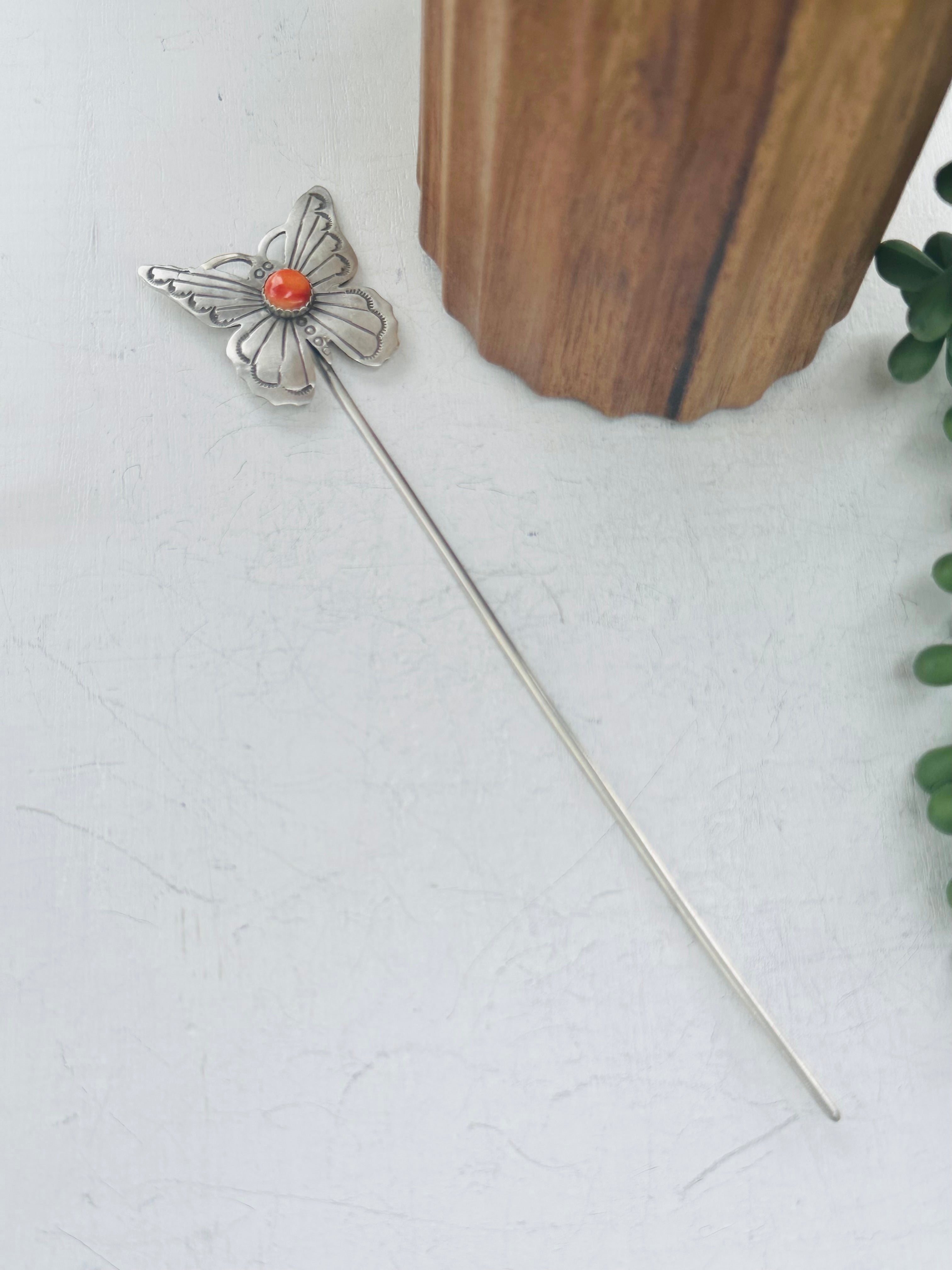 Navajo Handmade Spiny Oyster & Sterling Silver Butterfly Hair Pin