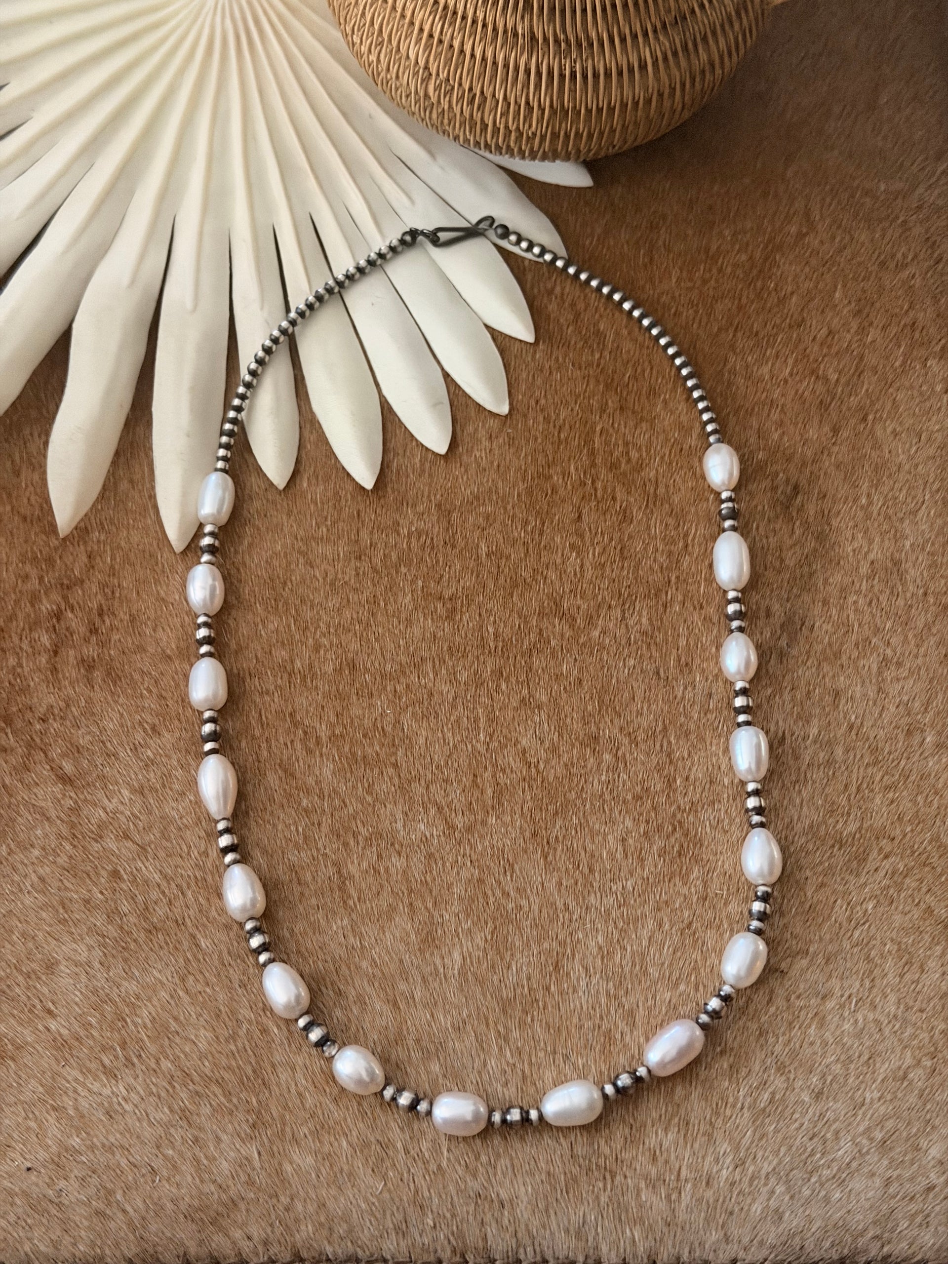 Navajo Strung Fresh Water Pearls & Sterling Silver Necklace