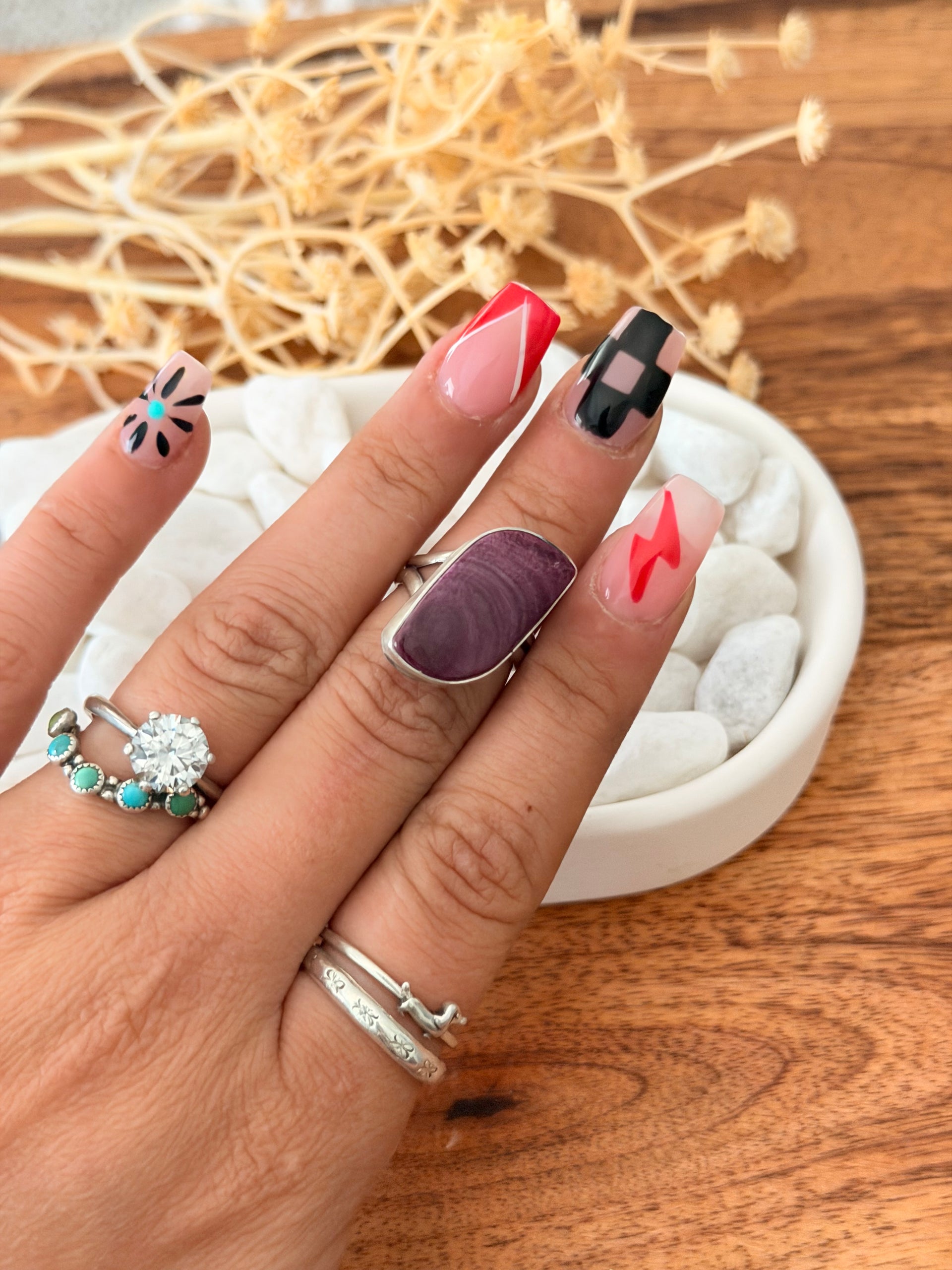 Navajo Made Purple Spiny Oyster & Sterling Silver Adjustable Ring