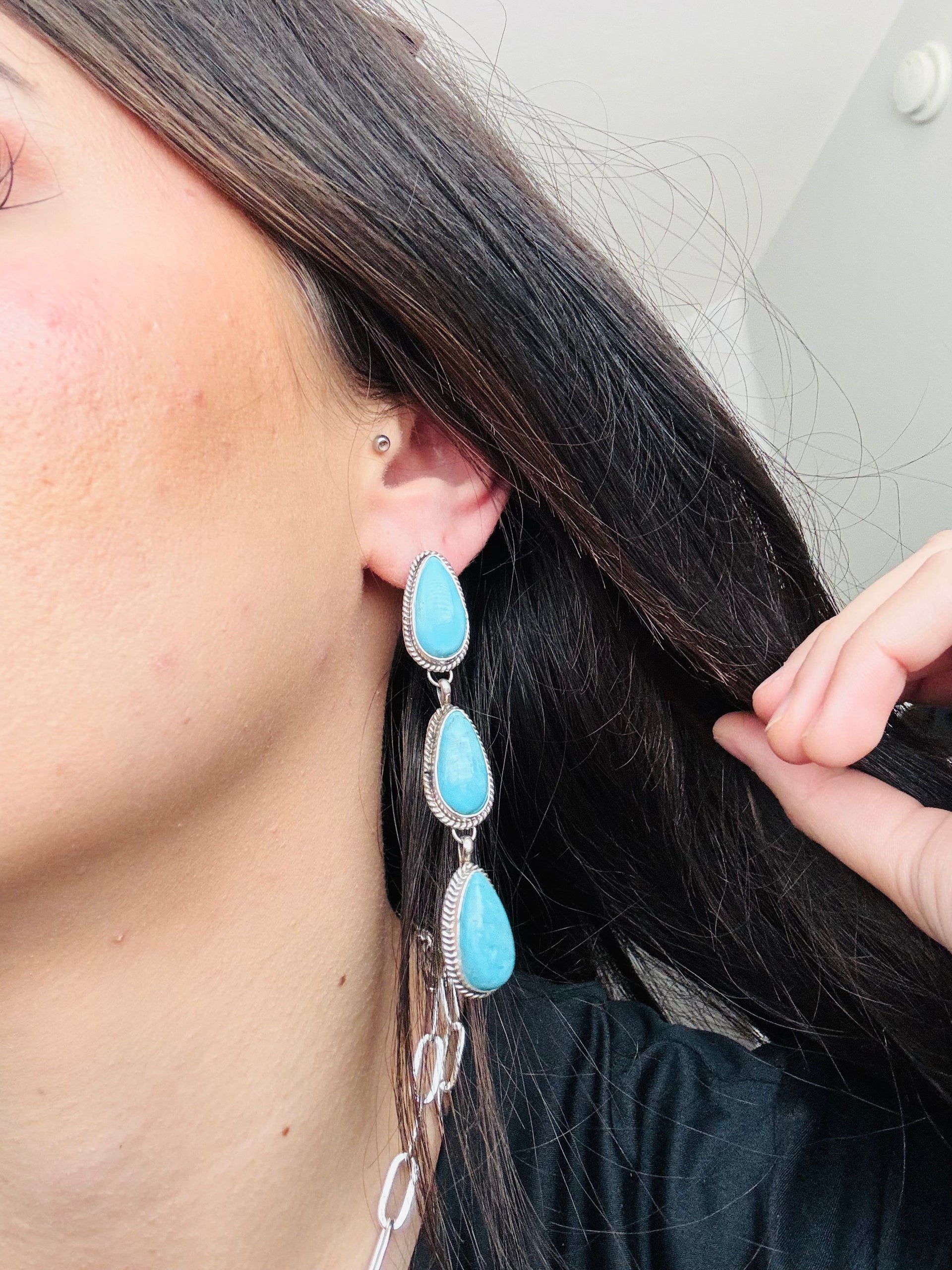 Navajo Made Kingman Turquoise & Sterling Silver Post Earrings