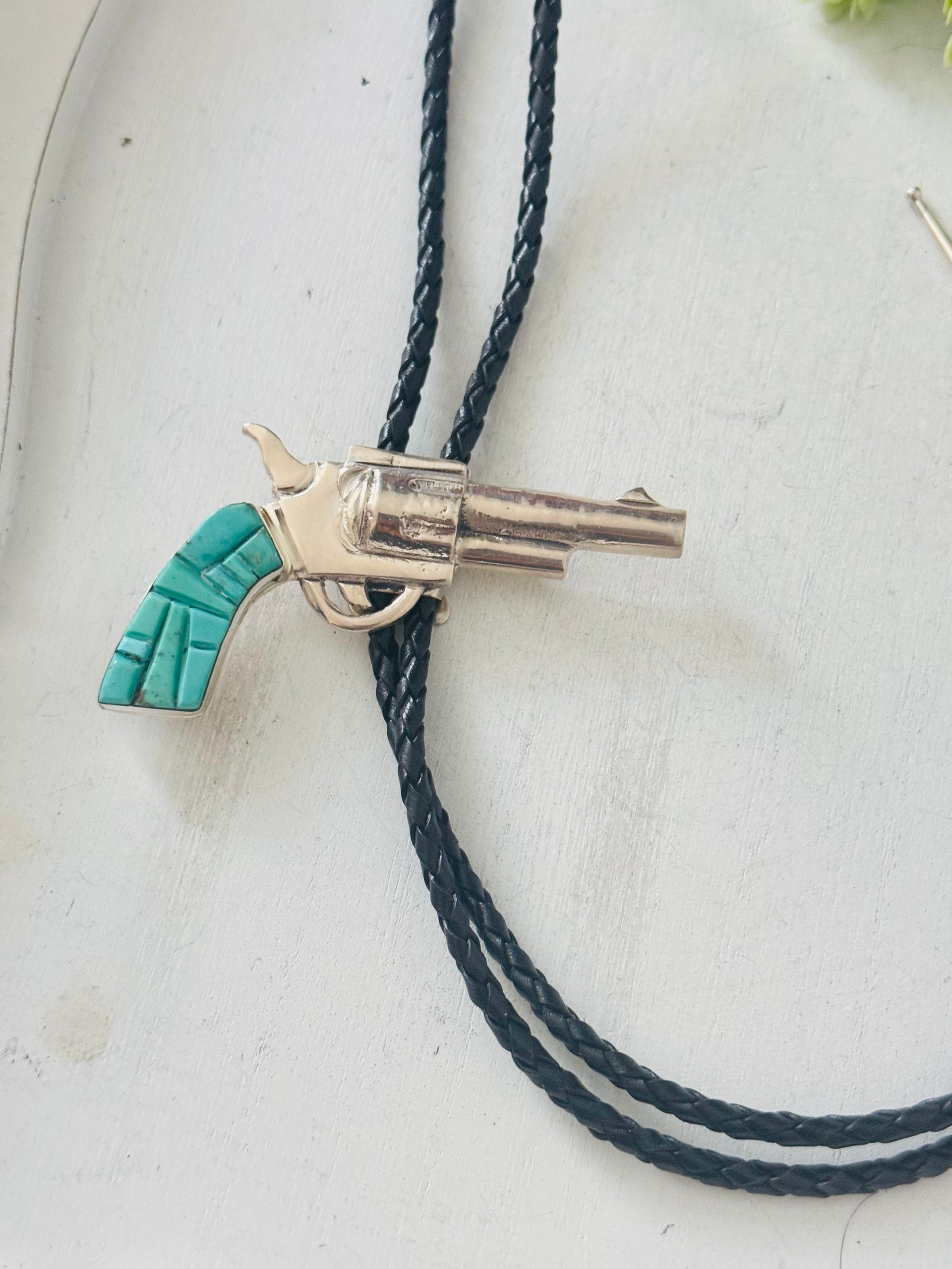 Bobby Mannelito Kingman Turquoise & Sterling Silver Pistol Cobblestone Bolo Tie