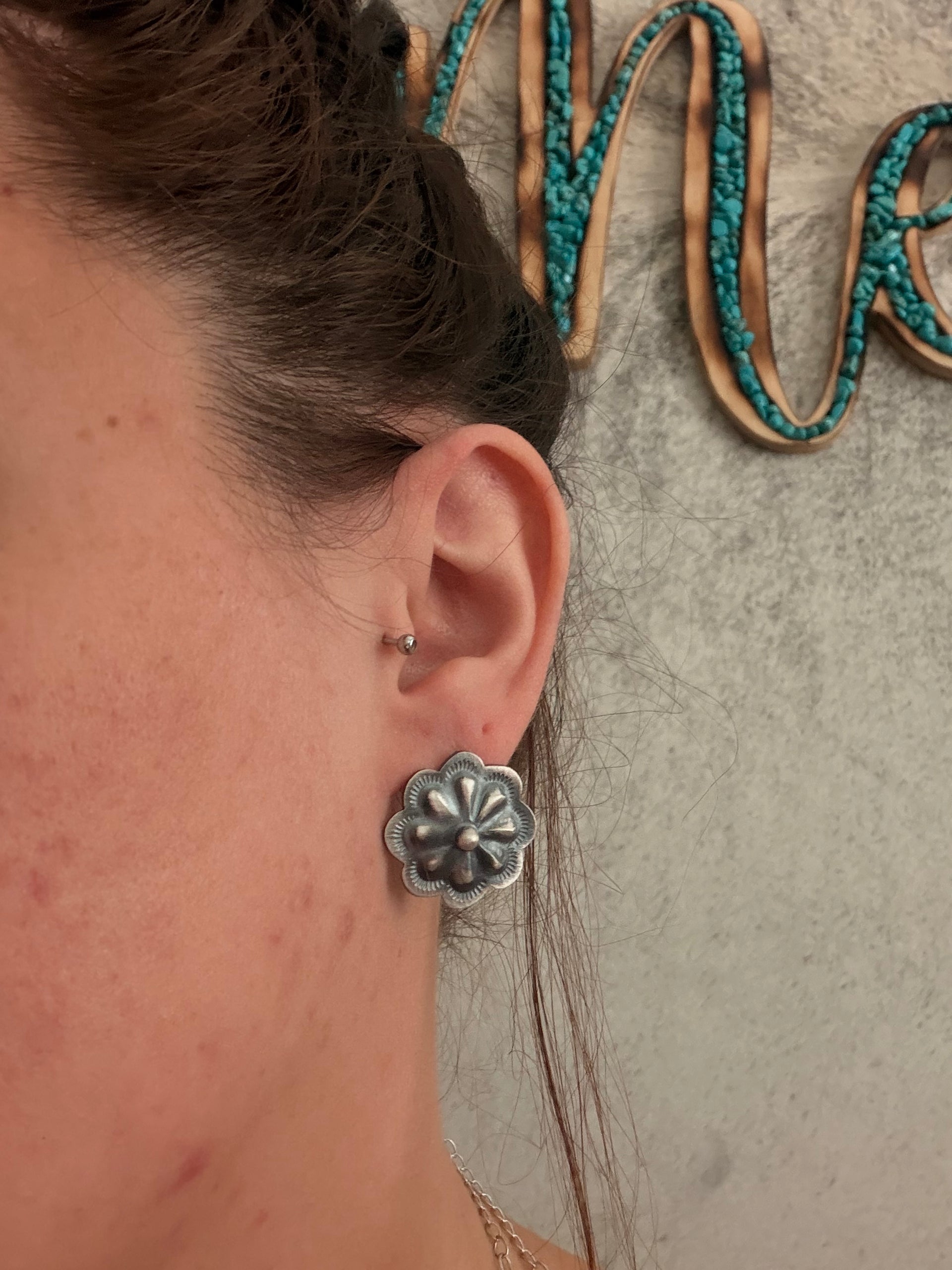 Navajo Made Sterling Silver Post Concho Earrings
