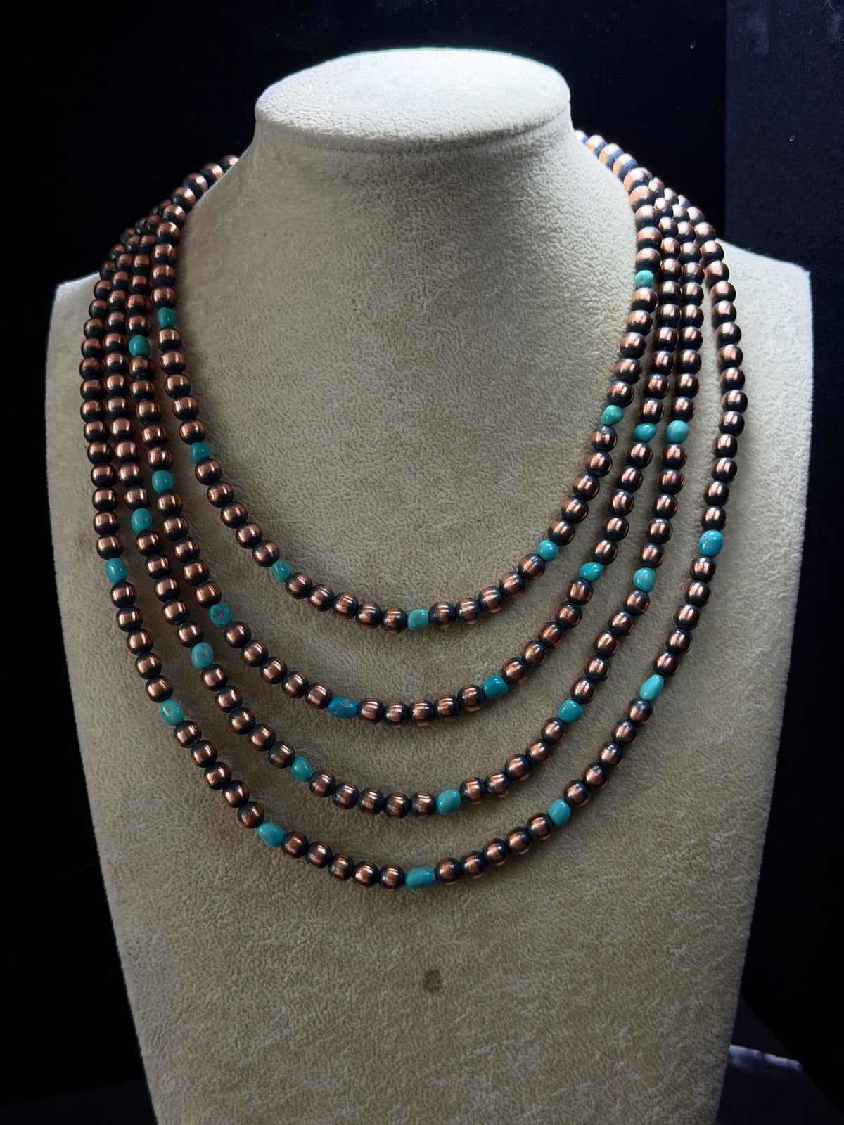 Navajo Strung Kingman Turquoise & Copper Machine Made Pearl 20” Necklace