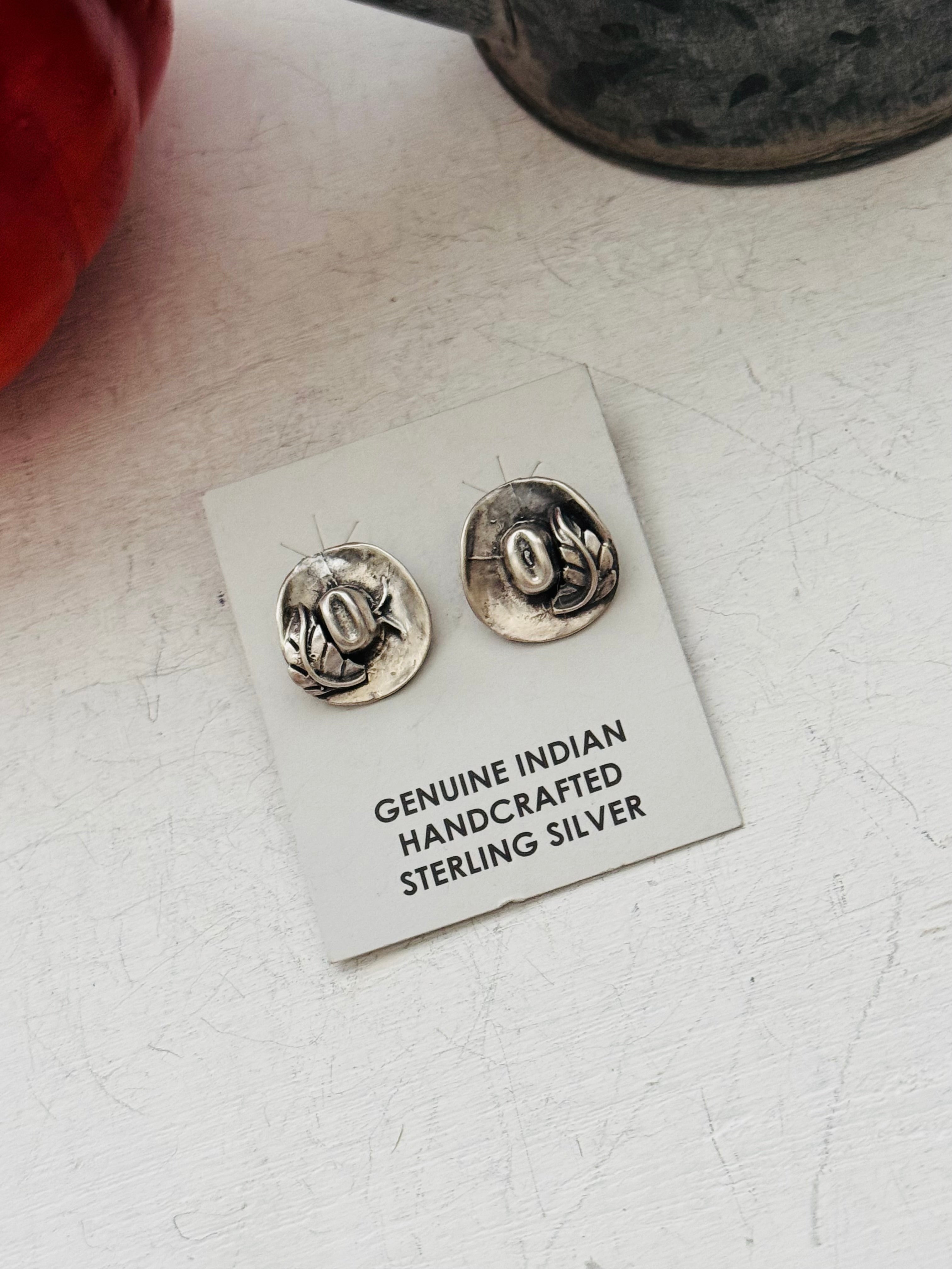 Navajo Handmade Sterling Silver Post Cowboy Hat Earrings