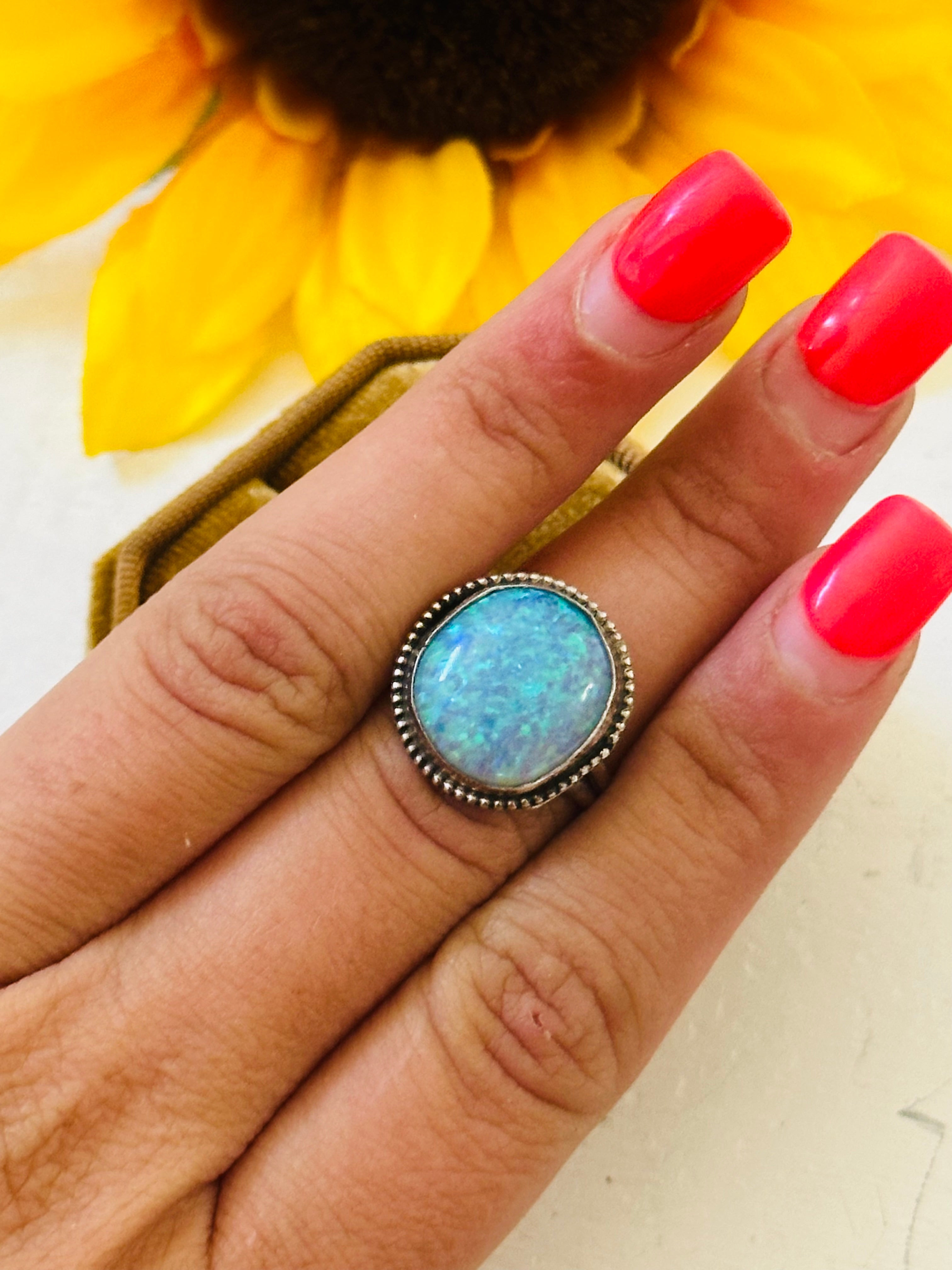 Navajo Made Blue Opal & Sterling Silver Ring Size 6.5