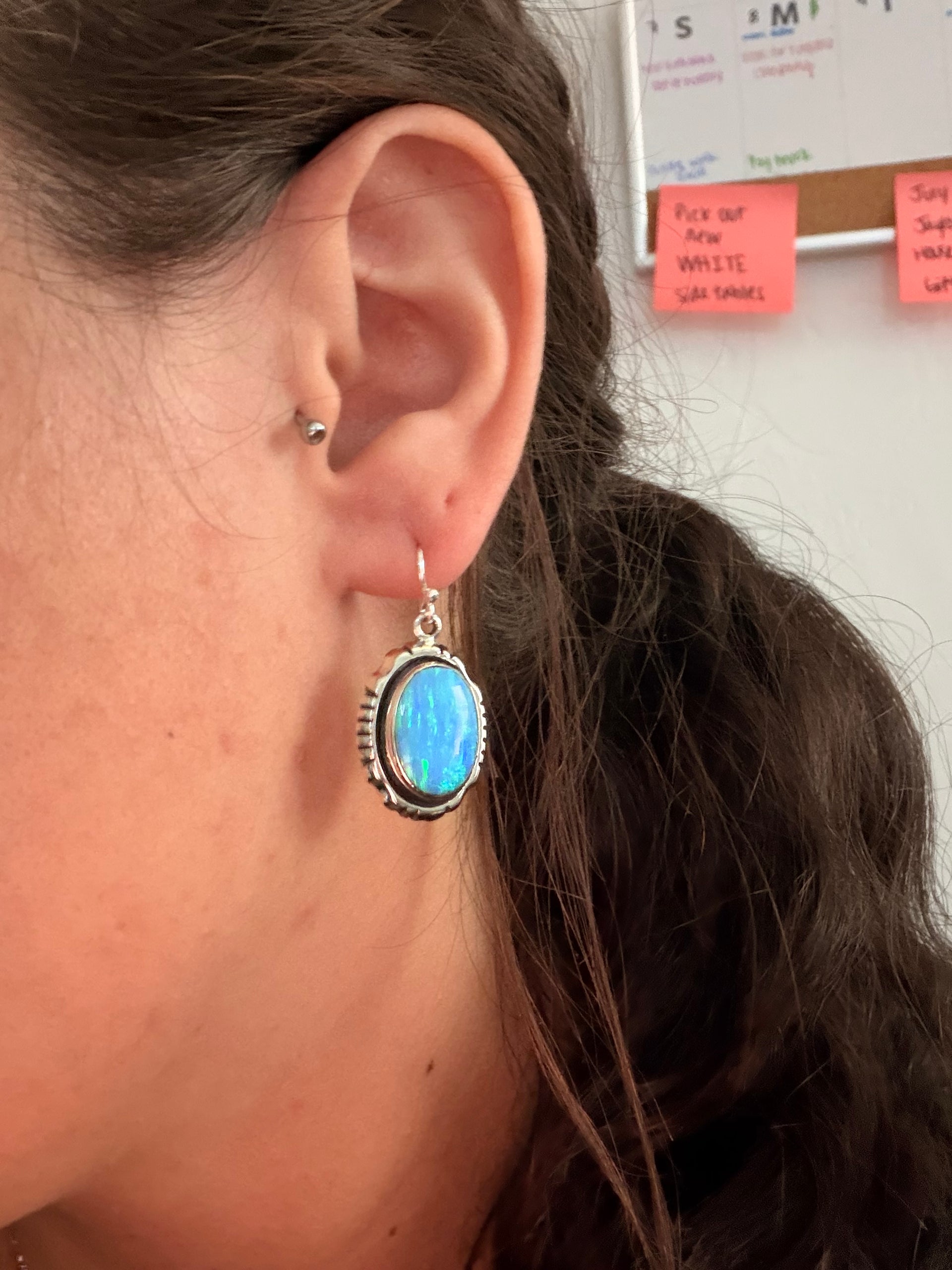 Navajo Made Opal (Man Made) & Sterling Silver Dangle Earrings