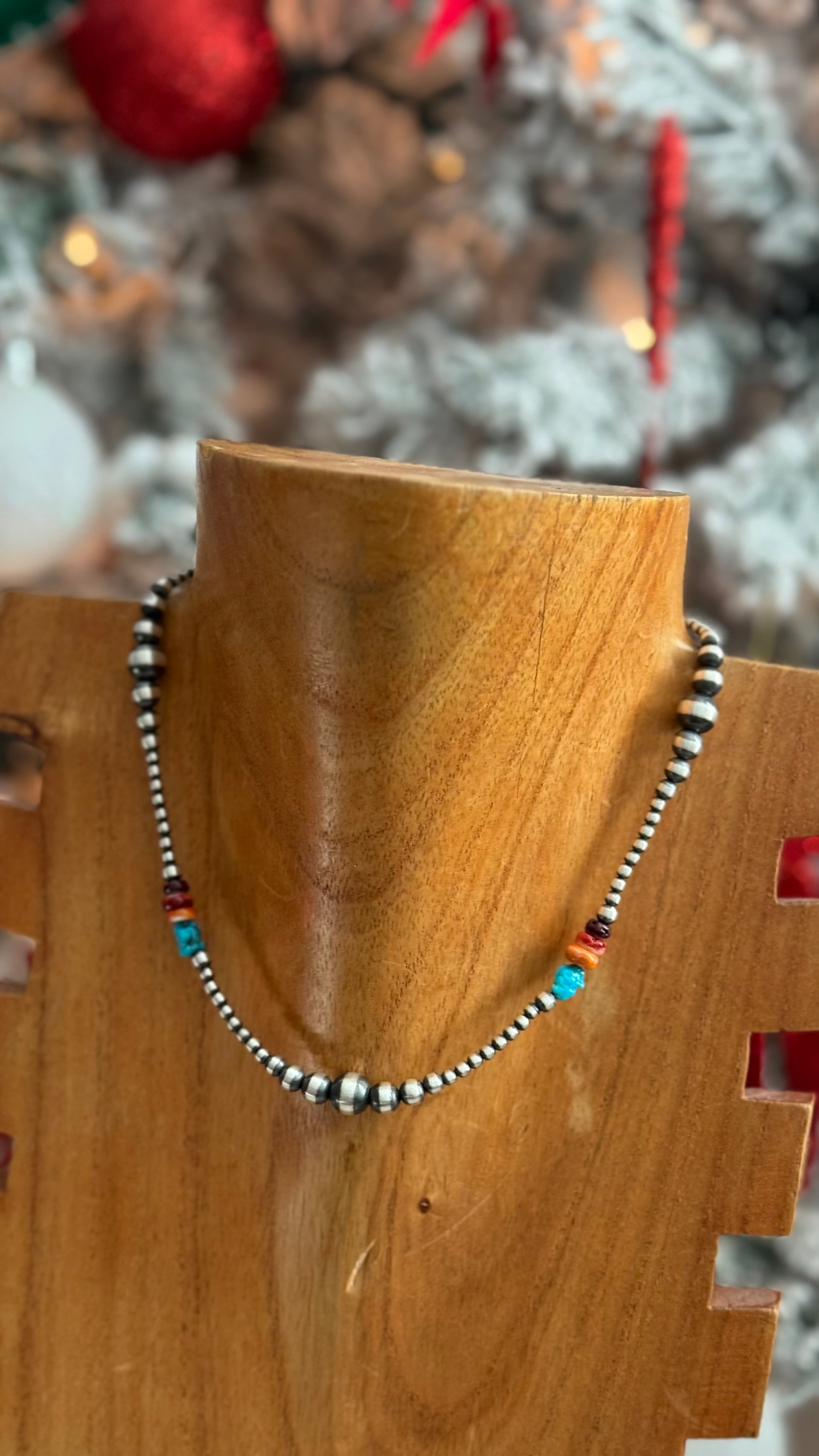 Navajo Strung Multi Stone & Sterling Silver Graduated Pearl Necklace