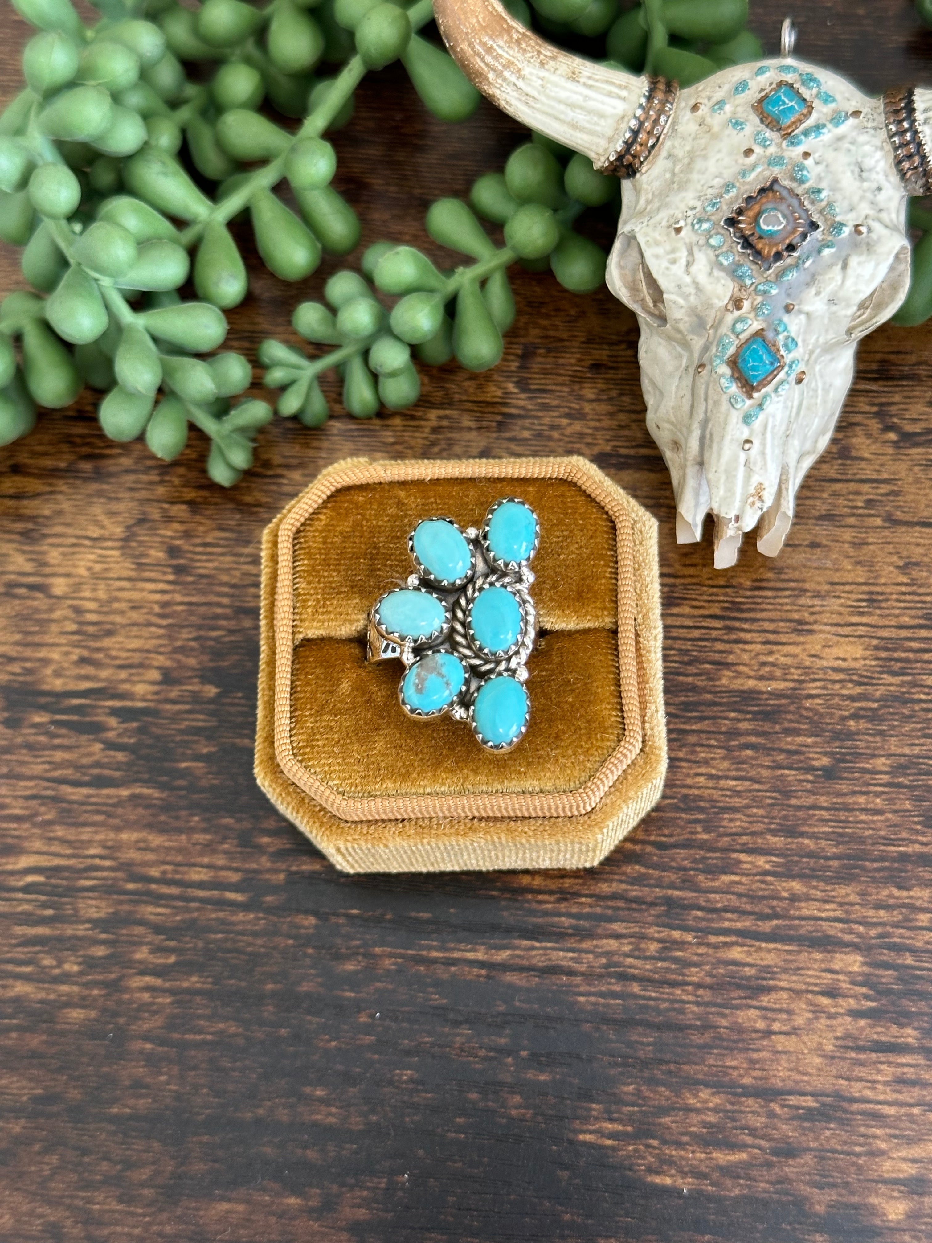 Southwest Handmade Kingman Turquoise & Sterling Silver Adjustable Cluster Ring