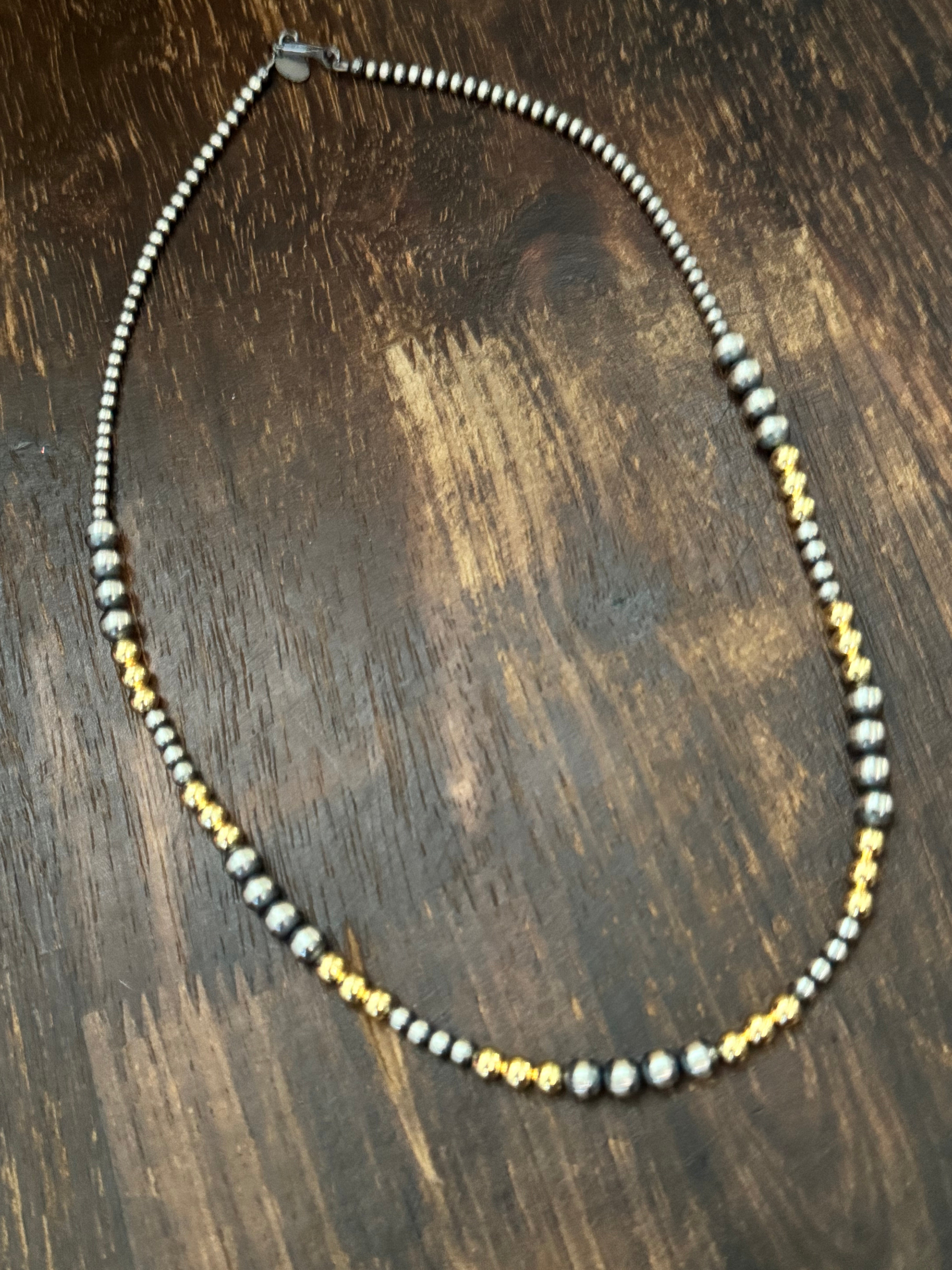 Navajo STRUNG Sterling Silver & 14 kt Gold Plate Graduated Pearl Necklace