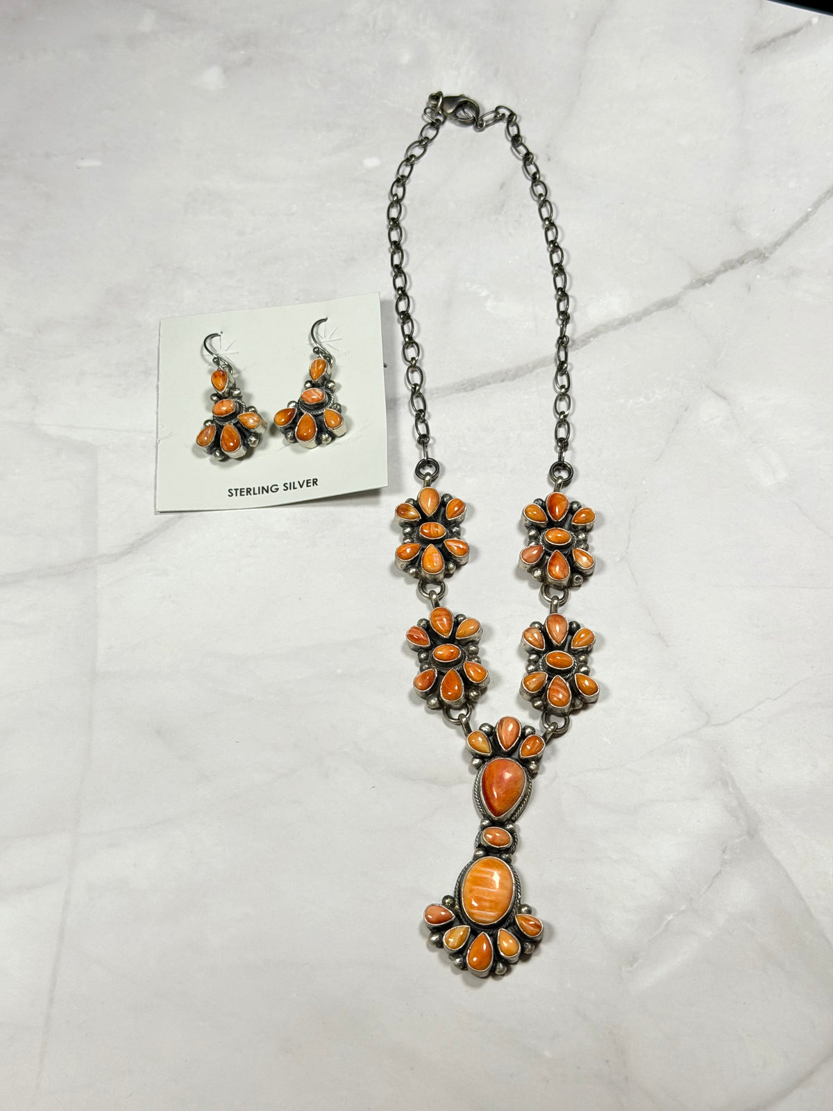 Sheila Becenti Spiny Oyster & Sterling Silver Cluster Necklace Set