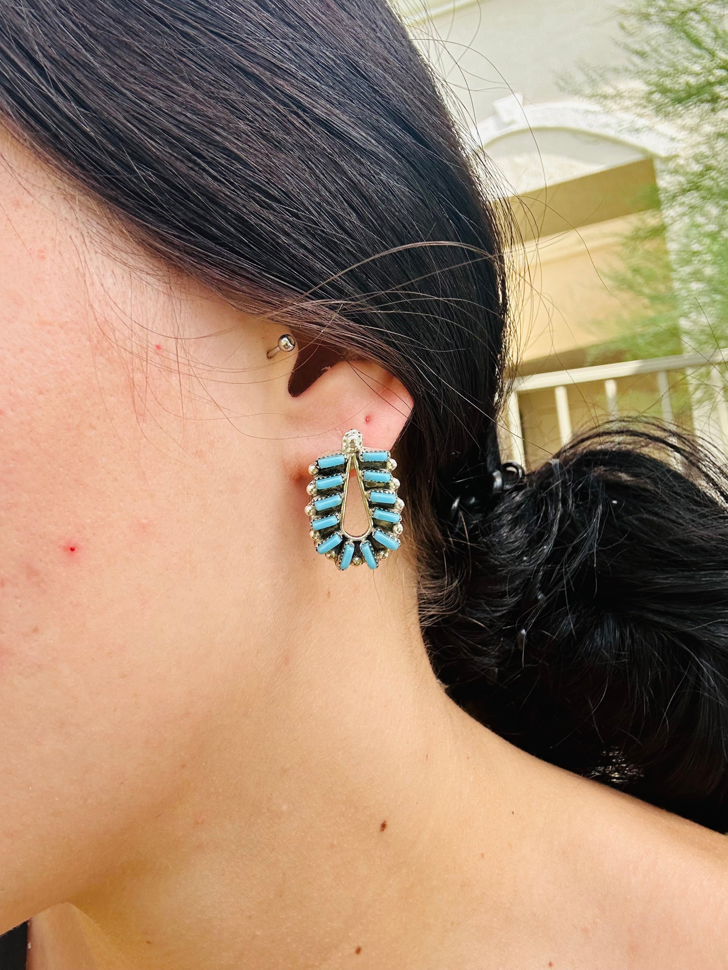 Zuni Made Turquoise Petite Point & Sterling Silver Post Dangle Earrings