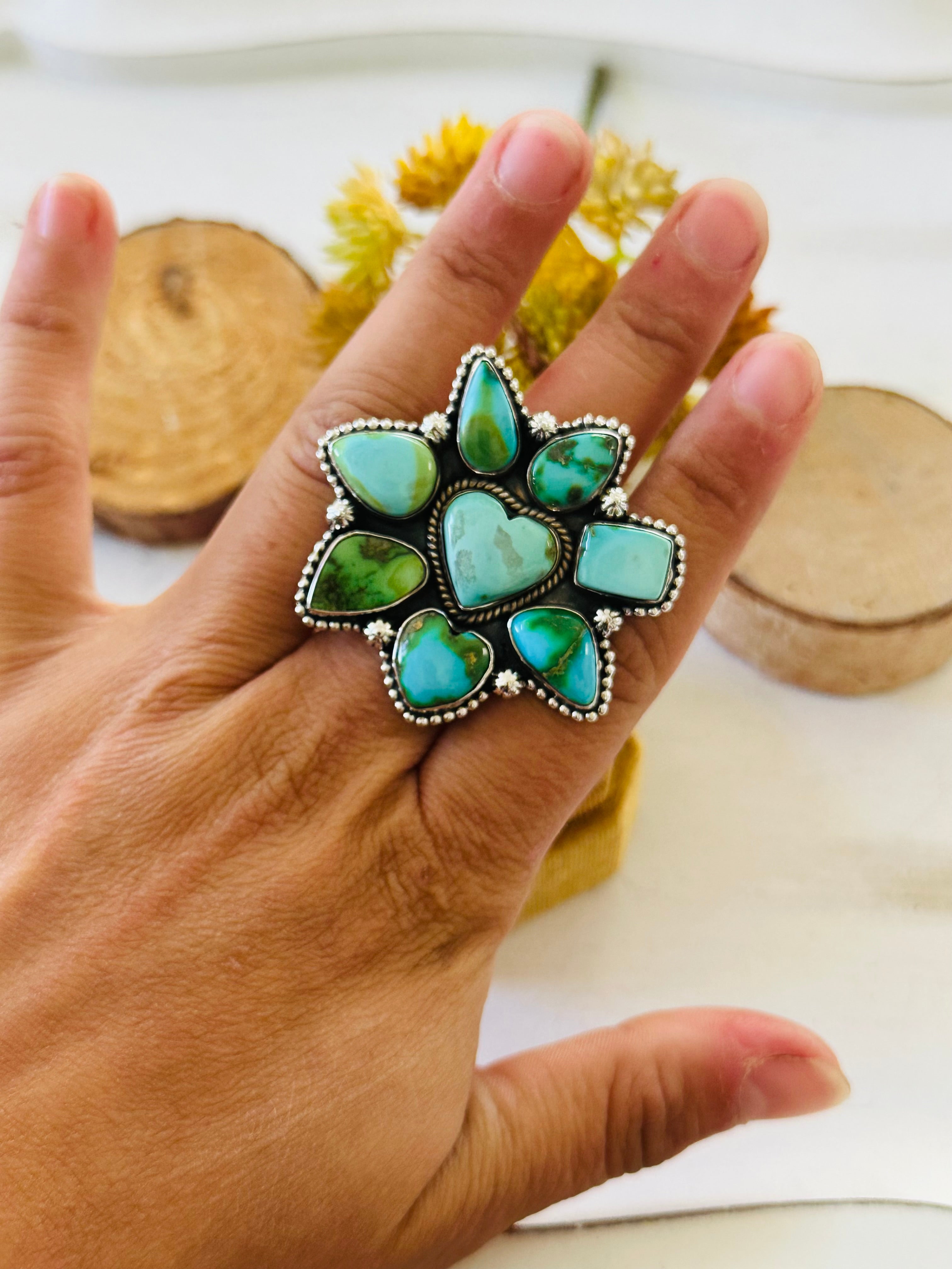 Southwest Handmade Sonoran Mountain Turquoise & Sterling Silver Adjustable Cluster Ring