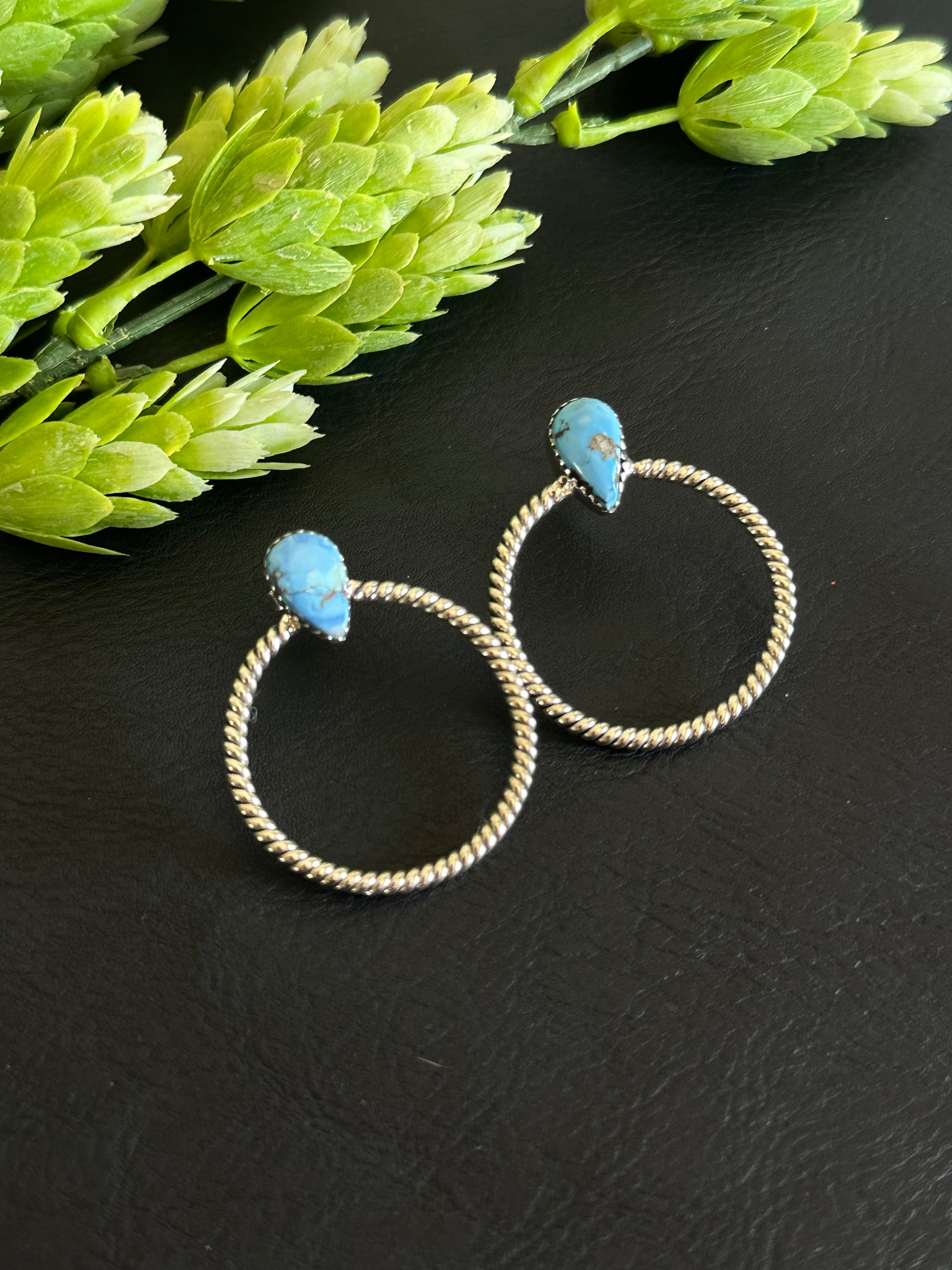 Southwest Handmade Golden Hills Turquoise & Sterling Silver Post Hoop Earrings
