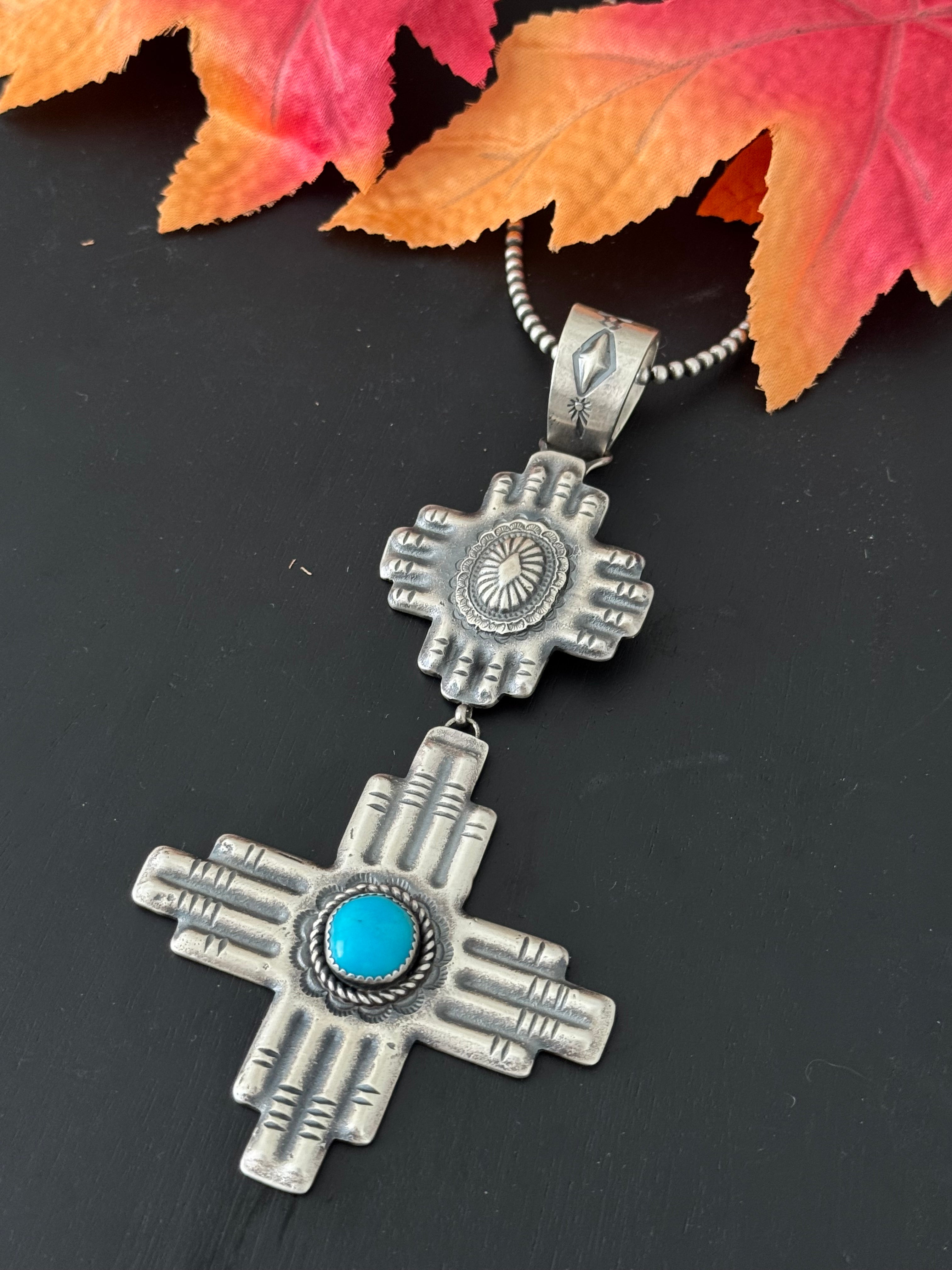 Navajo Made Kingman Turquoise & Sterling Silver Zia Pendant