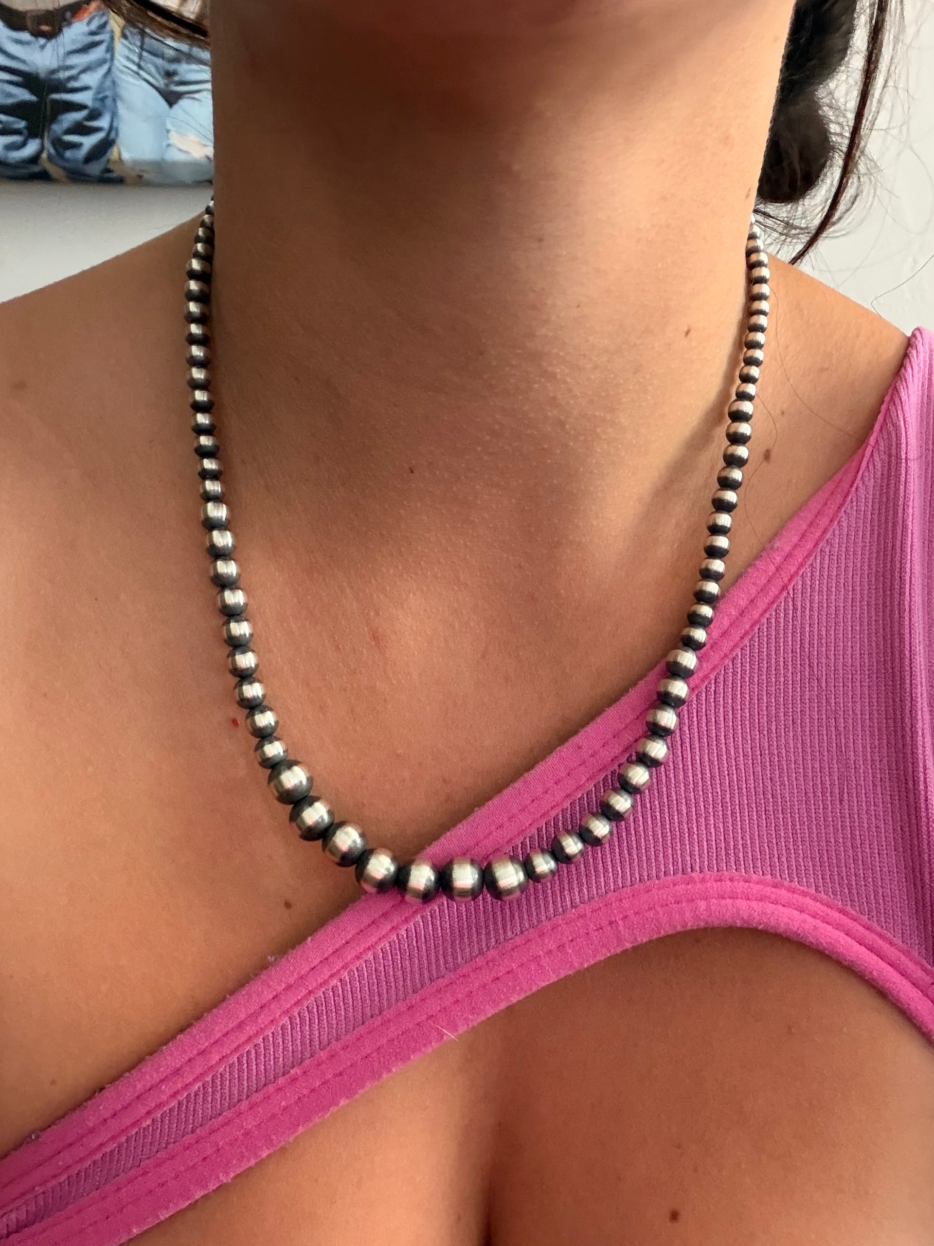 Navajo Strung Graduated Sterling Silver Machine Made Pearl Necklace