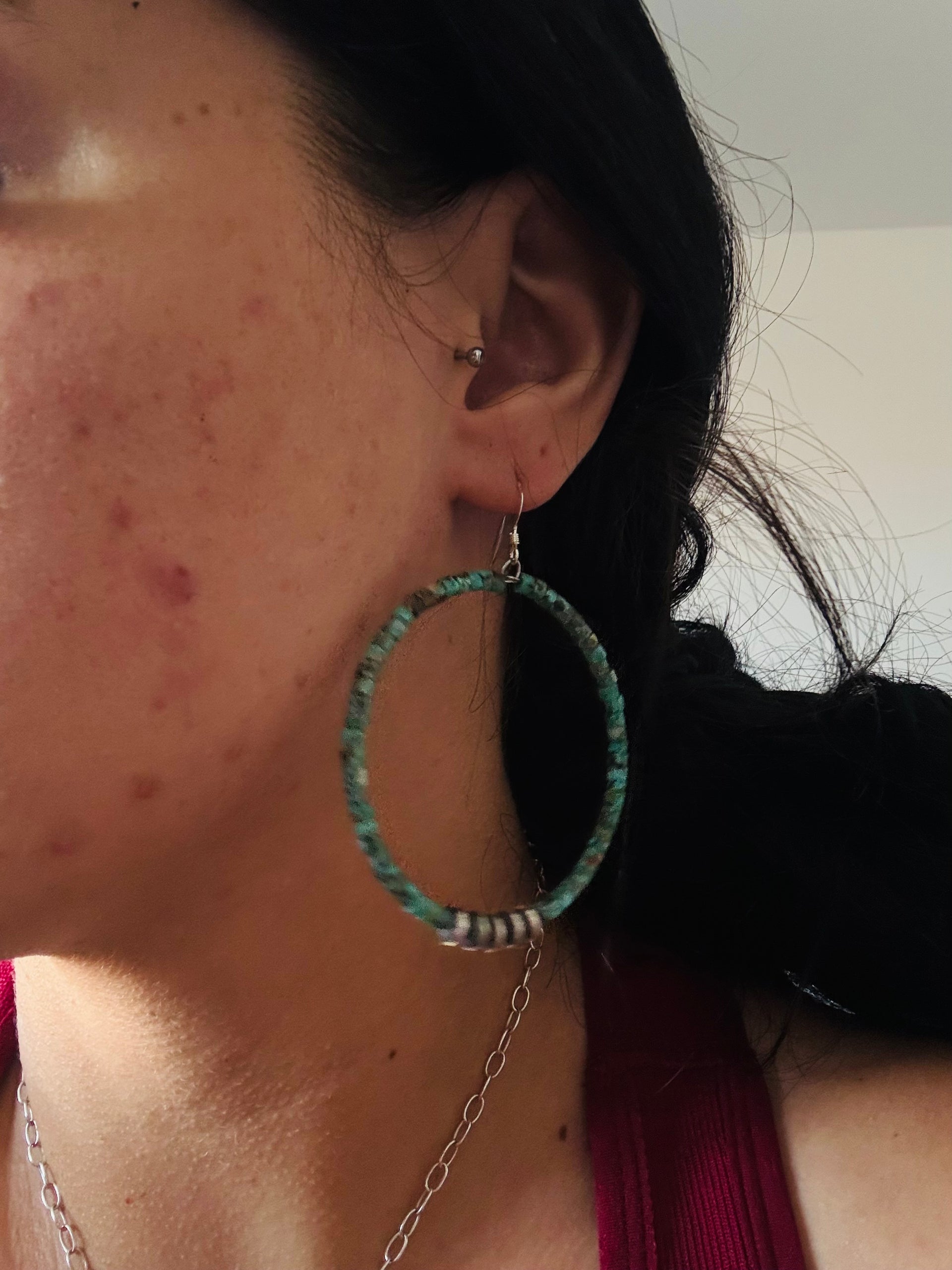 Navajo Made Kingman Turquoise & Sterling Silver Pearls Dangle Hoop Earrings