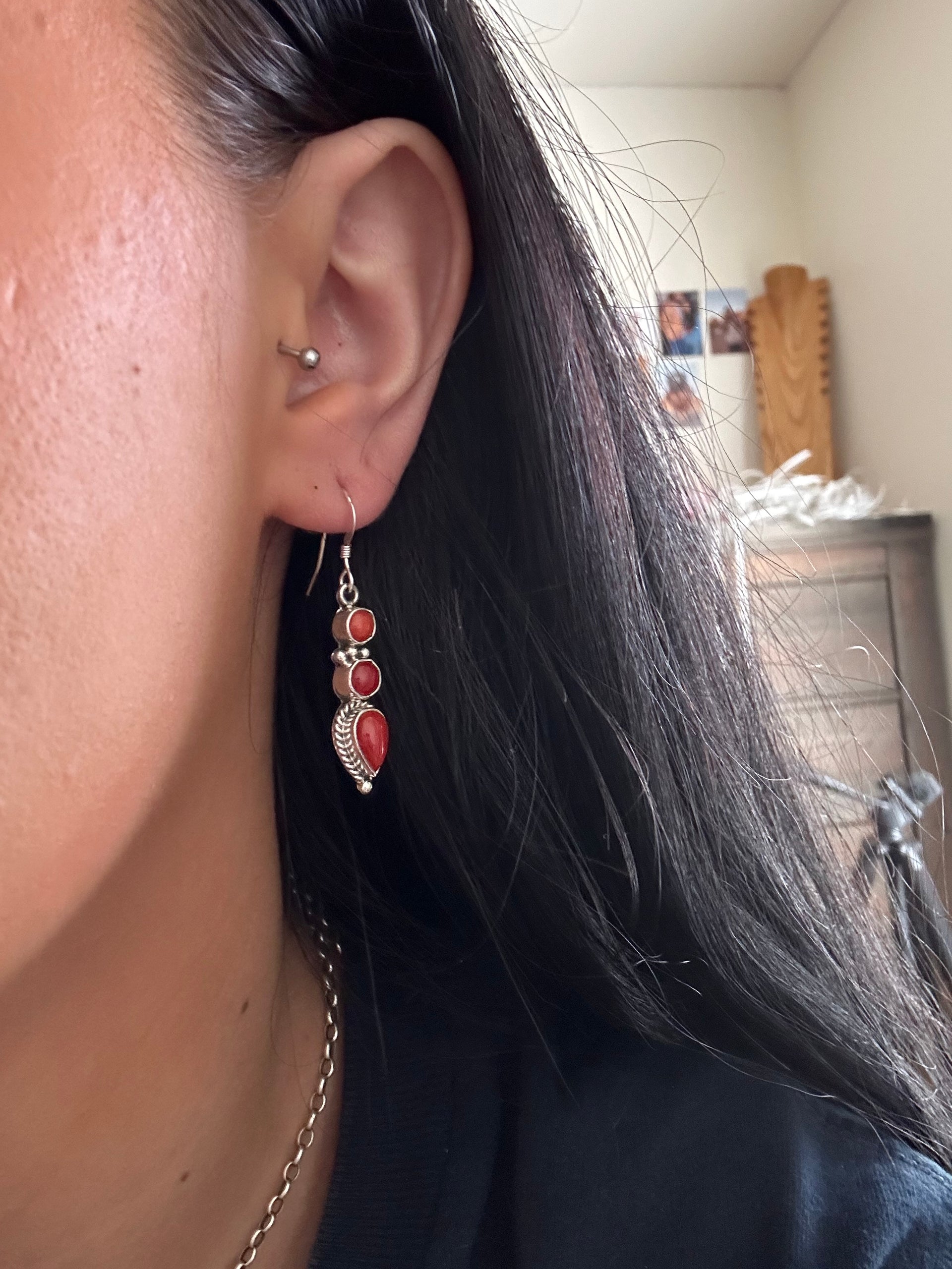 Navajo Made Coral & Sterling Silver Dangle Earrings