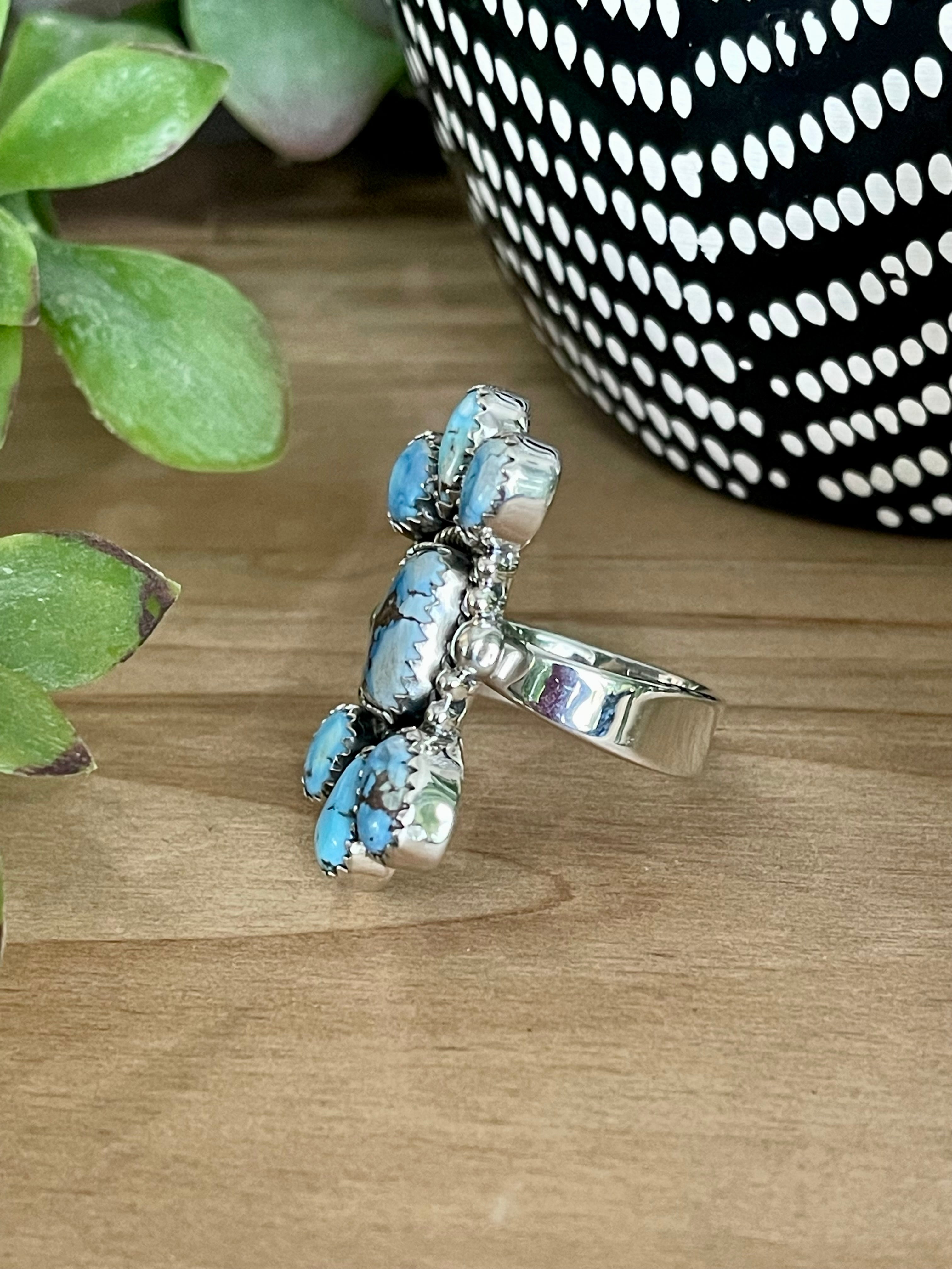 Southwest Handmade Golden Hills Turquoise & Sterling Silver Adjustable Cluster Ring