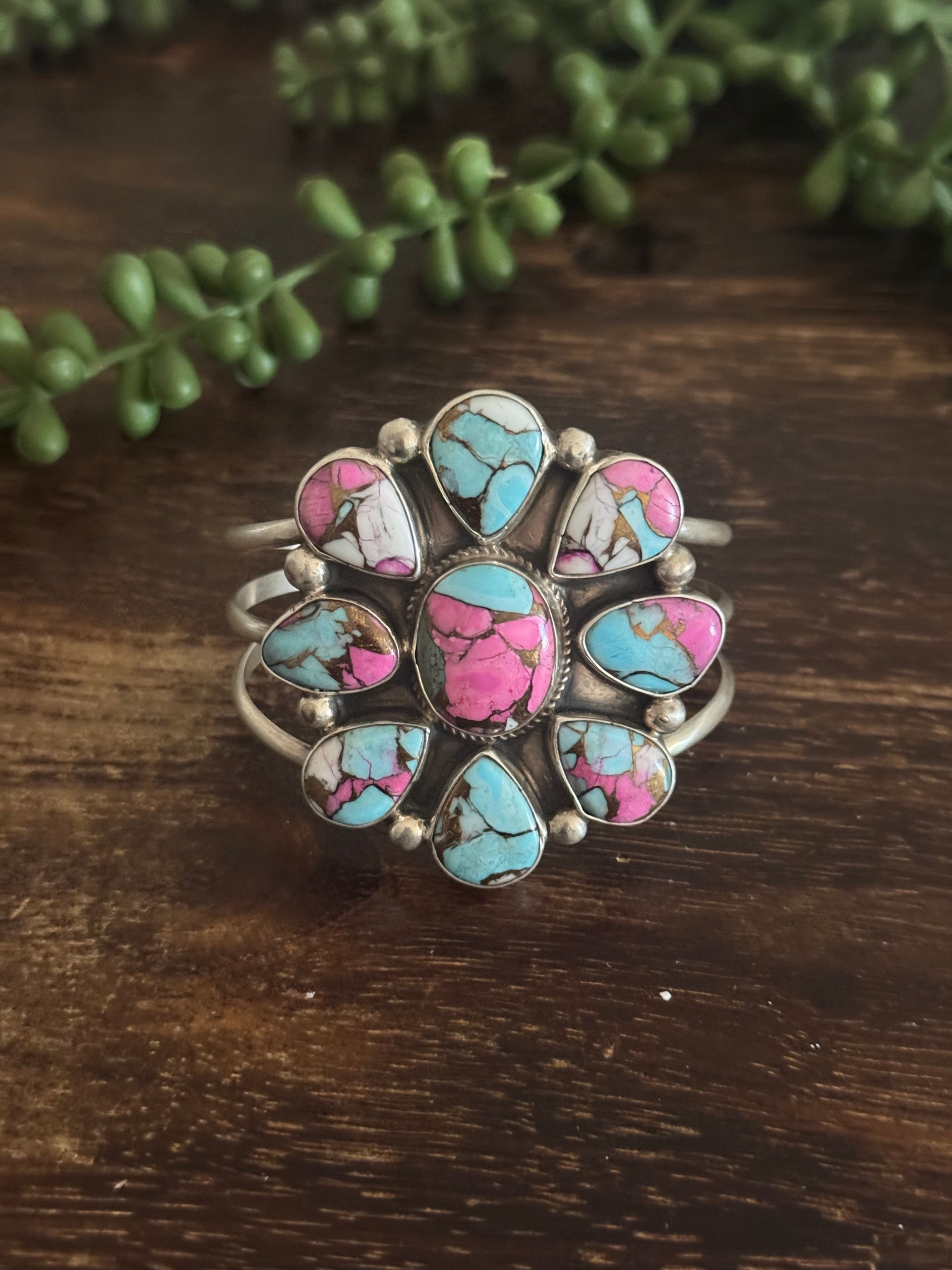 Gerildine James Cotton Candy Dahlia & Sterling Silver Cluster Cuff Bracelet