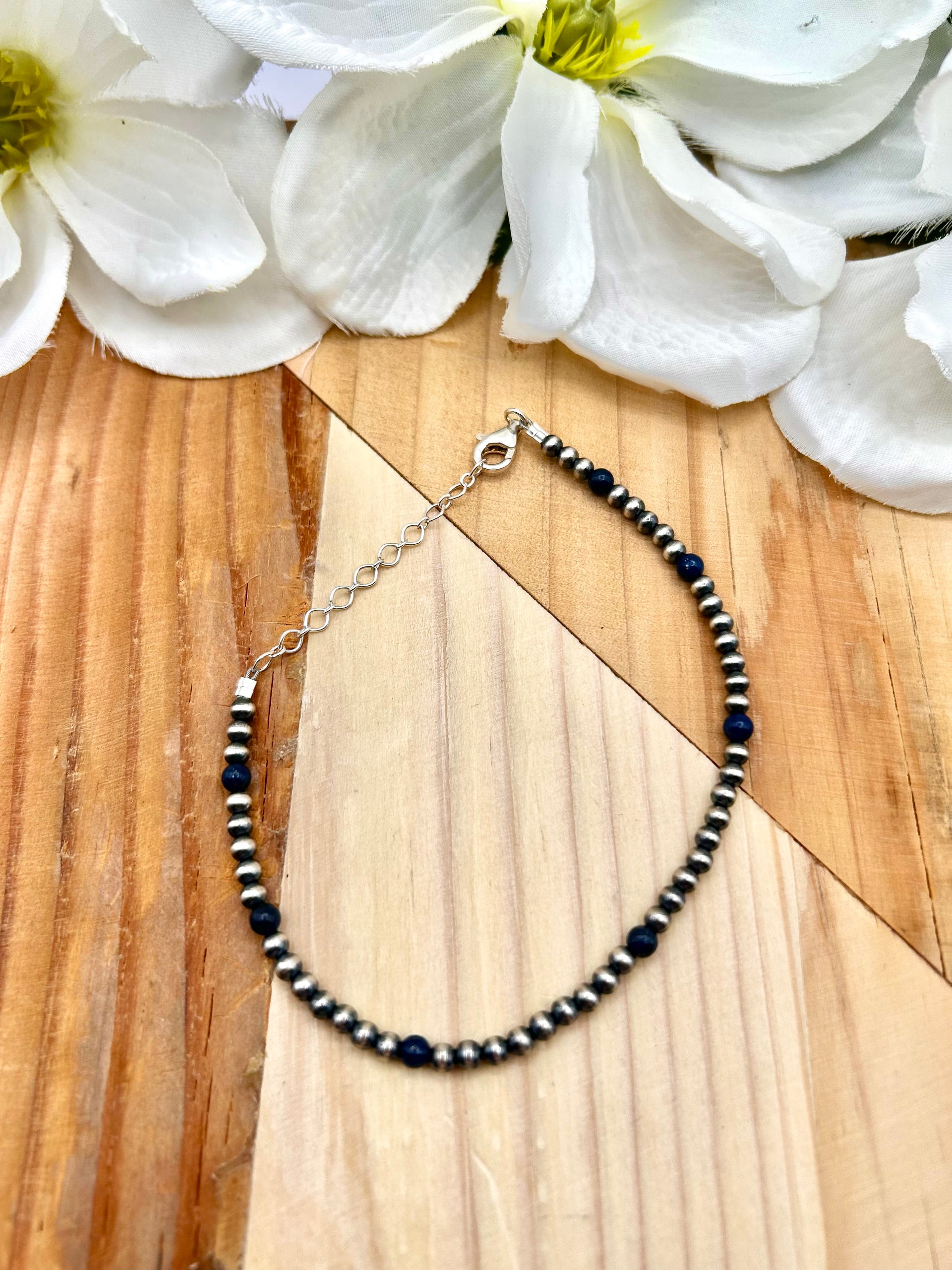 Navajo Made Lapis & Sterling Silver Strung Anklet