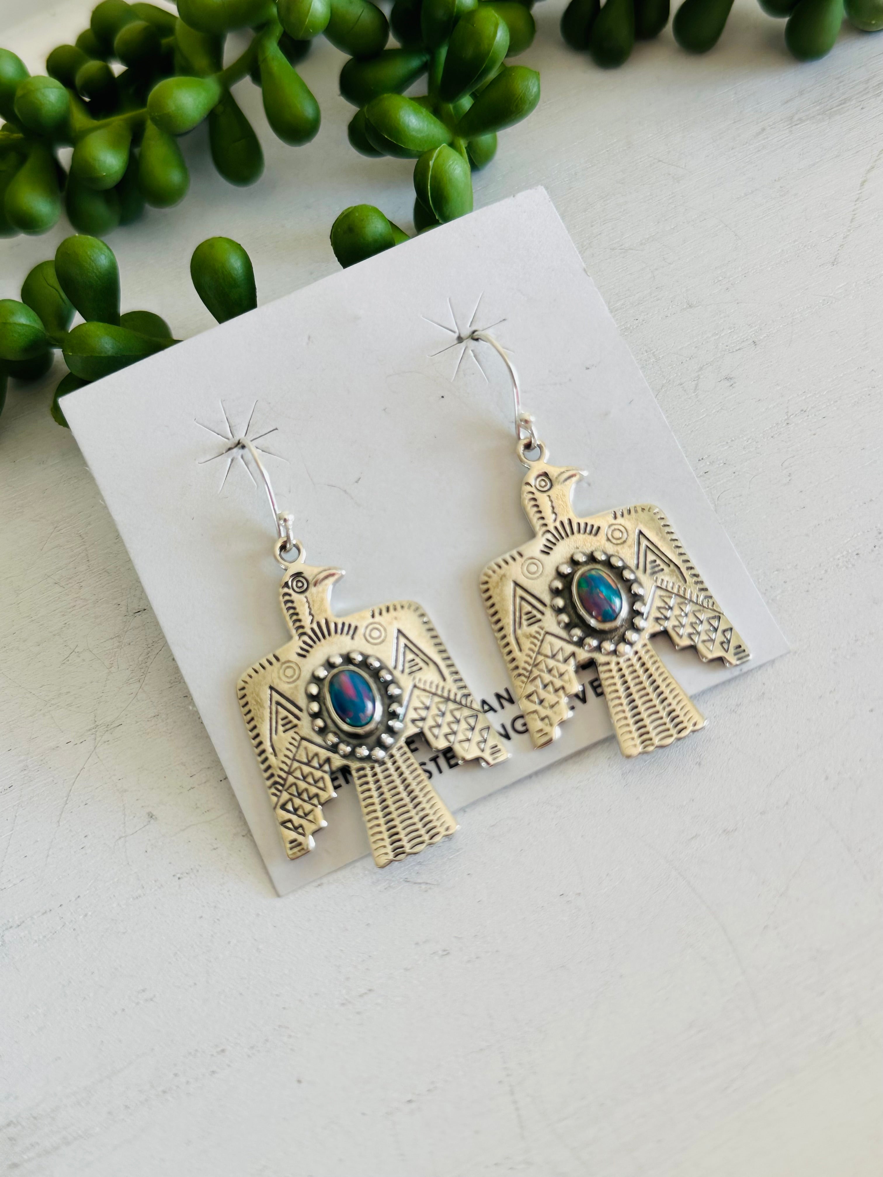 Southwest Handmade Opal & Sterling Silver Dangle Thunderbird Earrings