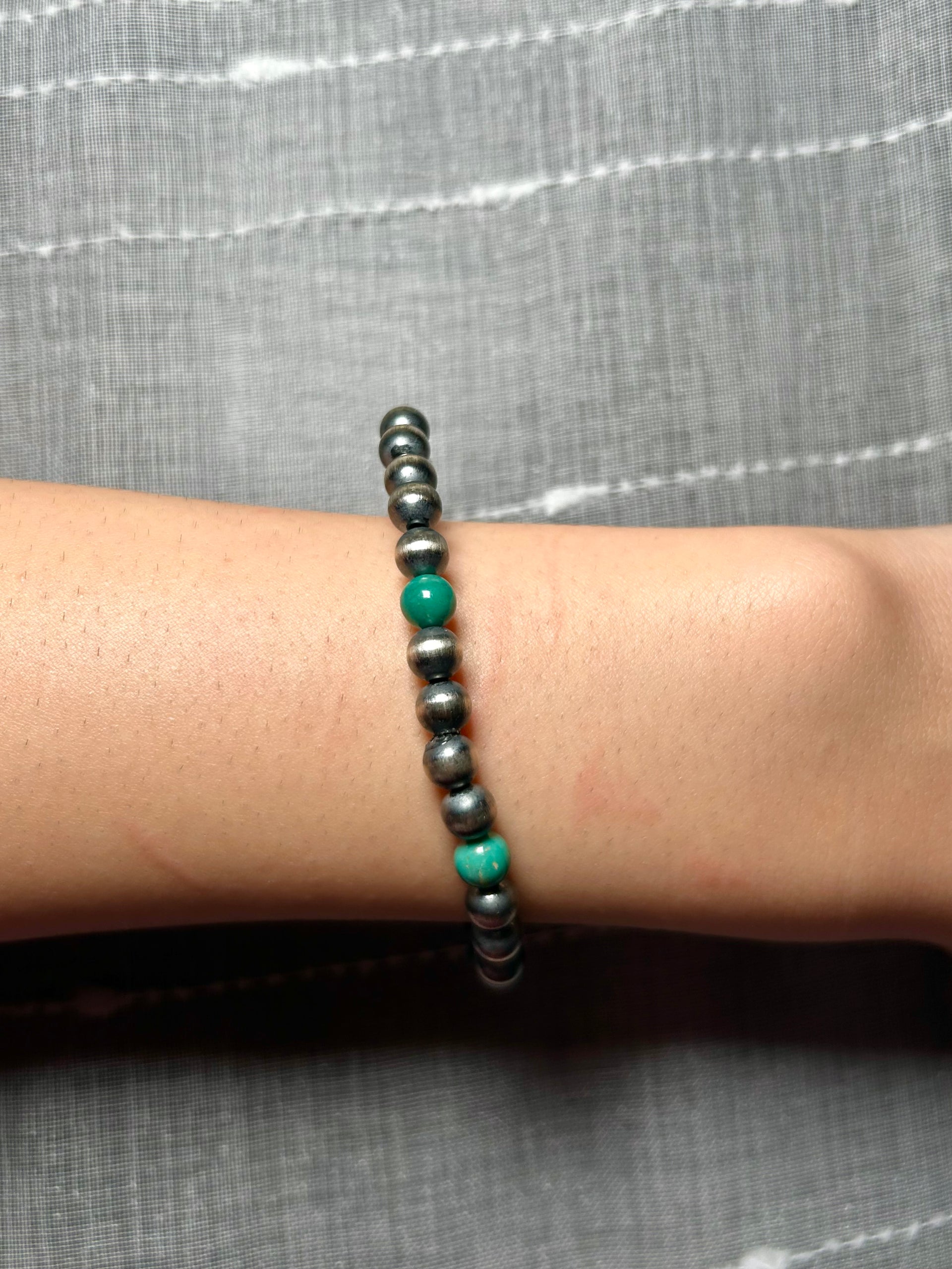Navajo Made Kingman Turquoise & Sterling Silver Strung Stretchy Bracelet