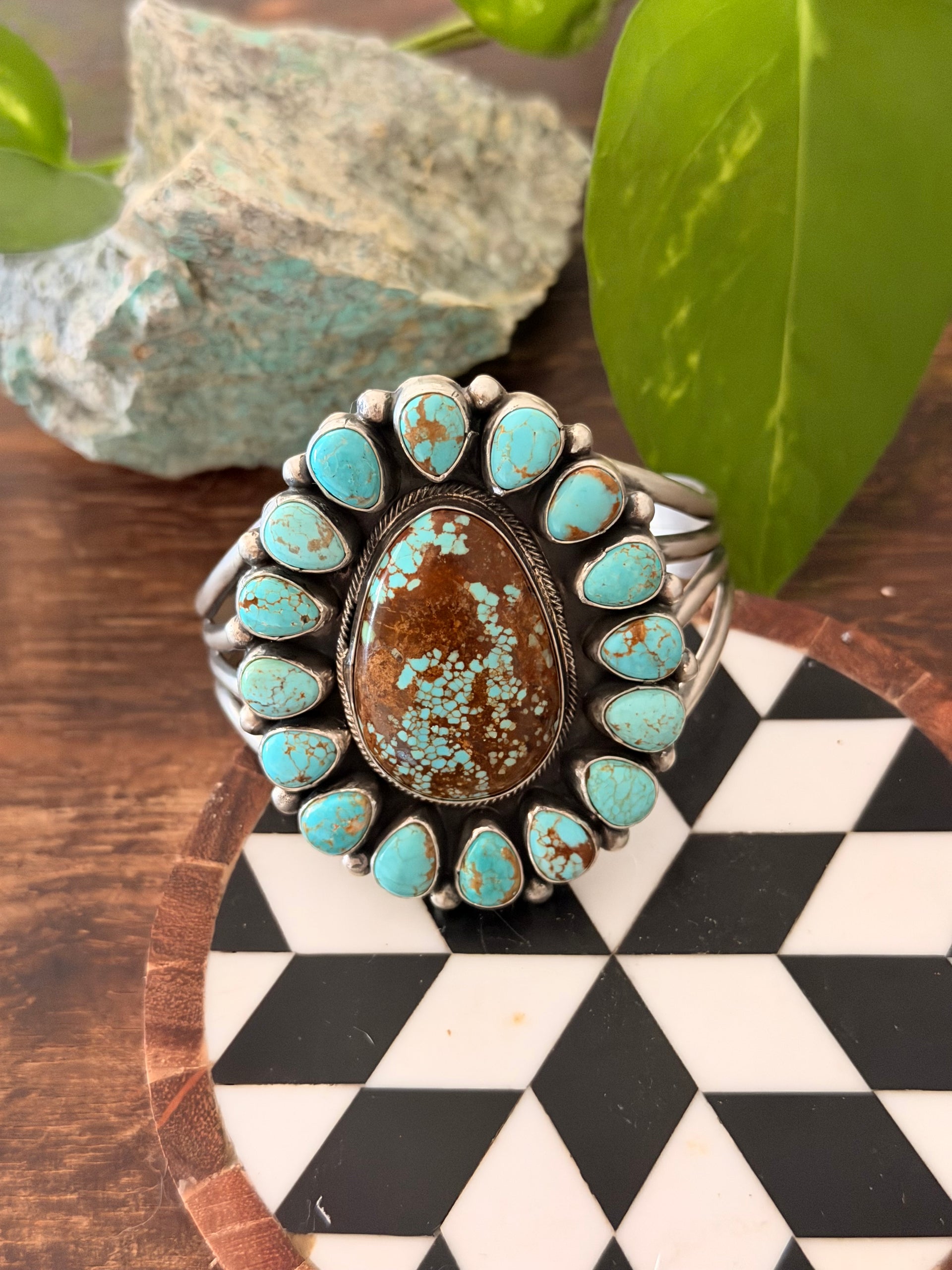 Bobby Johnson Mine 8 Turquoise & Sterling Silver Cluster Cuff Bracelet