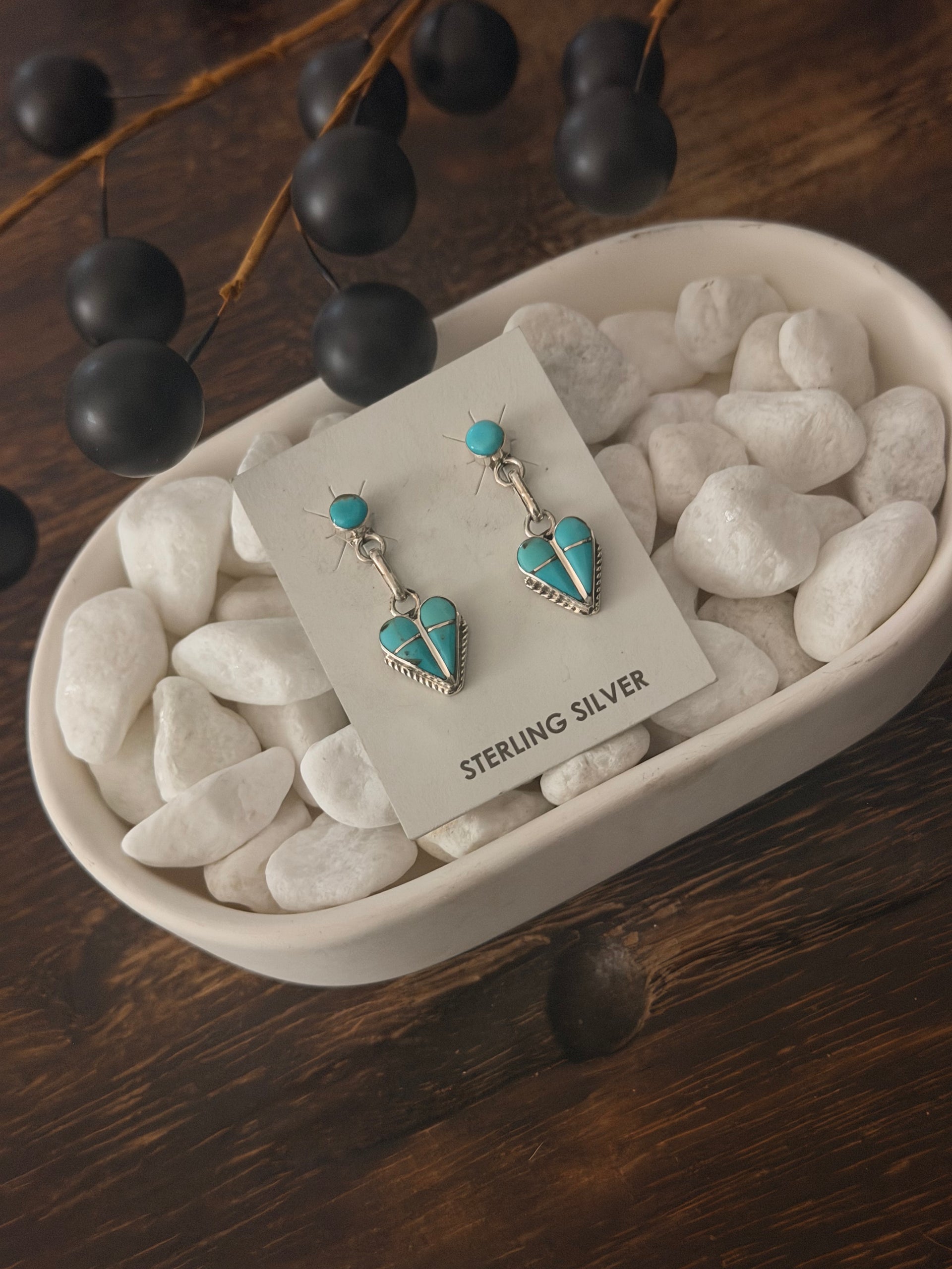 Velda Nastacio Kingman Turquoise & Sterling Silver Inlay Heart Post Dangle Earrings