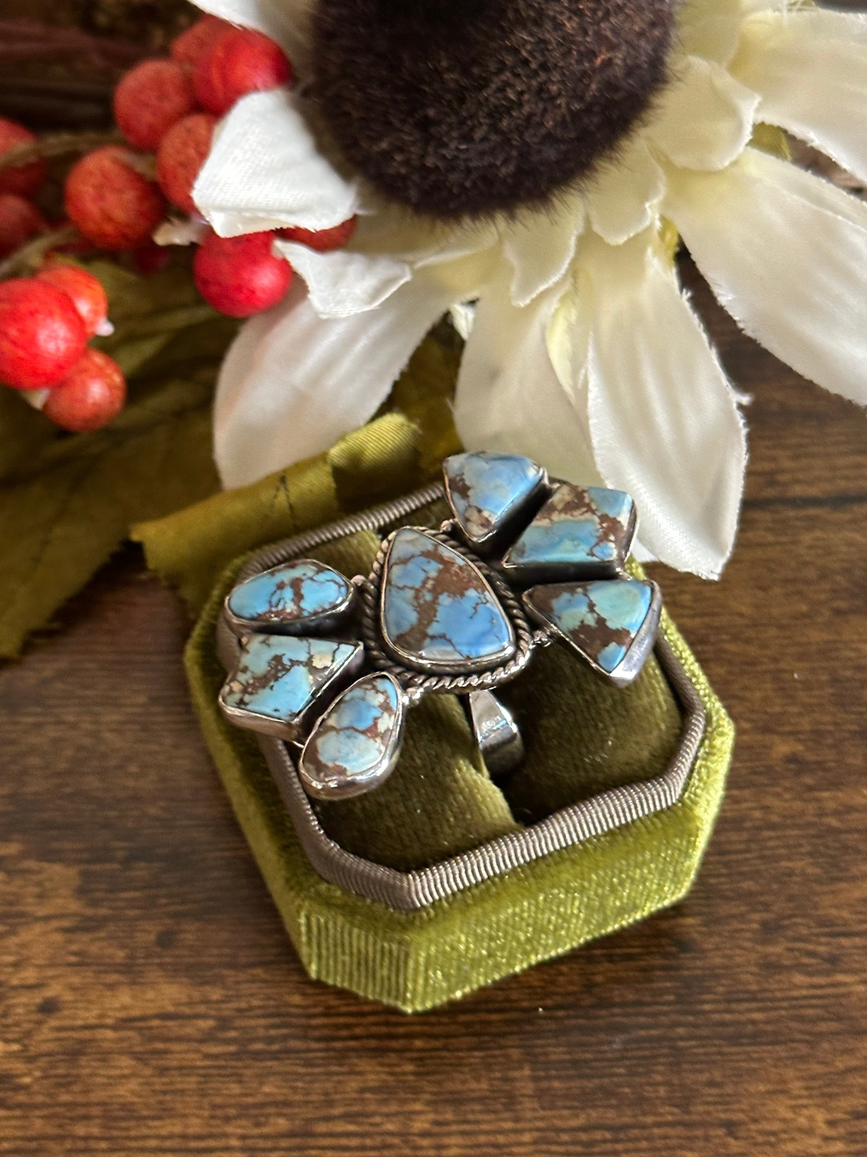 Southwest Handmade Golden Hill’s Turquoise & Sterling Silver Adjustable Cluster Ring