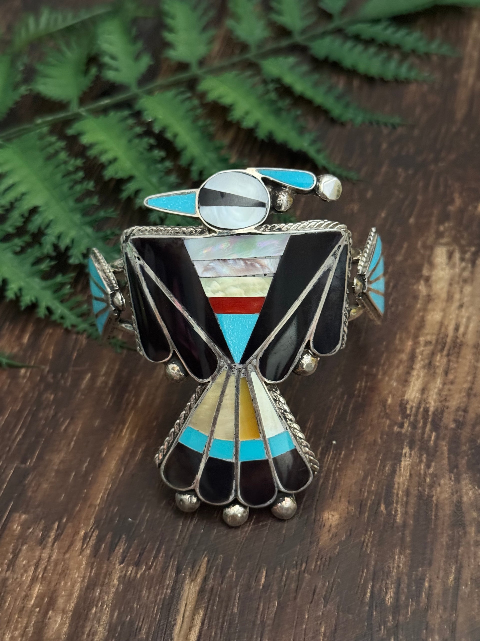 Zuni Made Multi Stone & Sterling Silver Inlay Thunderbird Cuff Bracelet