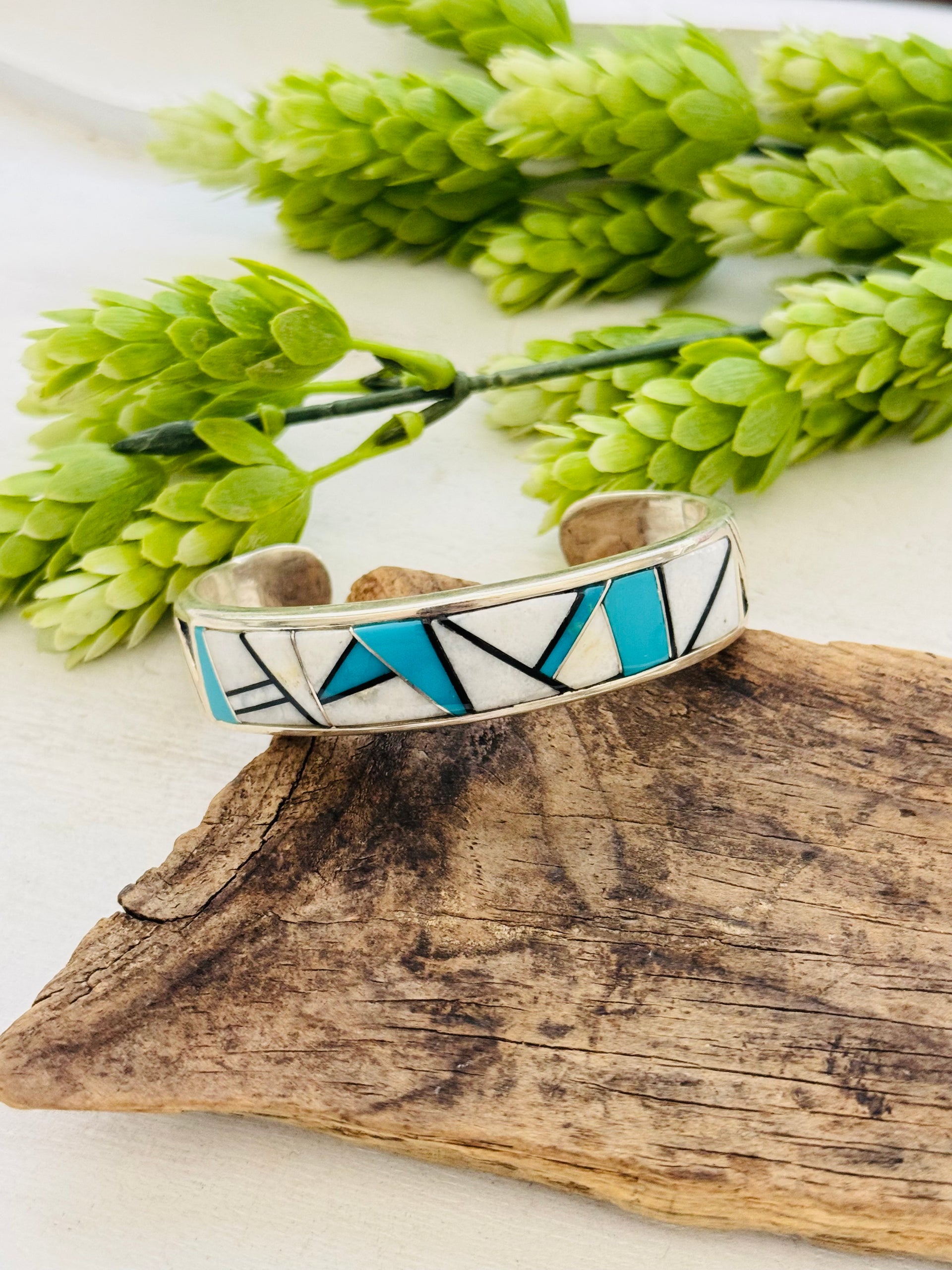 Navajo Made Multi Stone & Sterling Silver Inlay Cuff Bracelet
