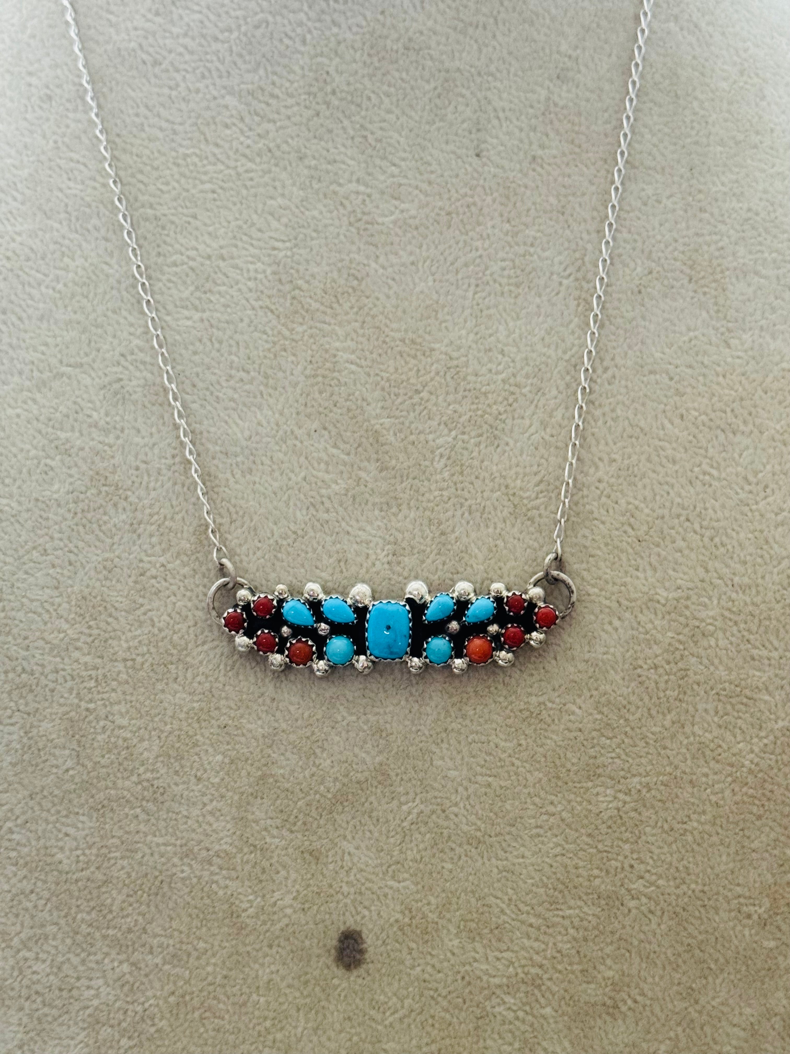 Navajo Made Multi Stone & Sterling Silver Bar Necklace