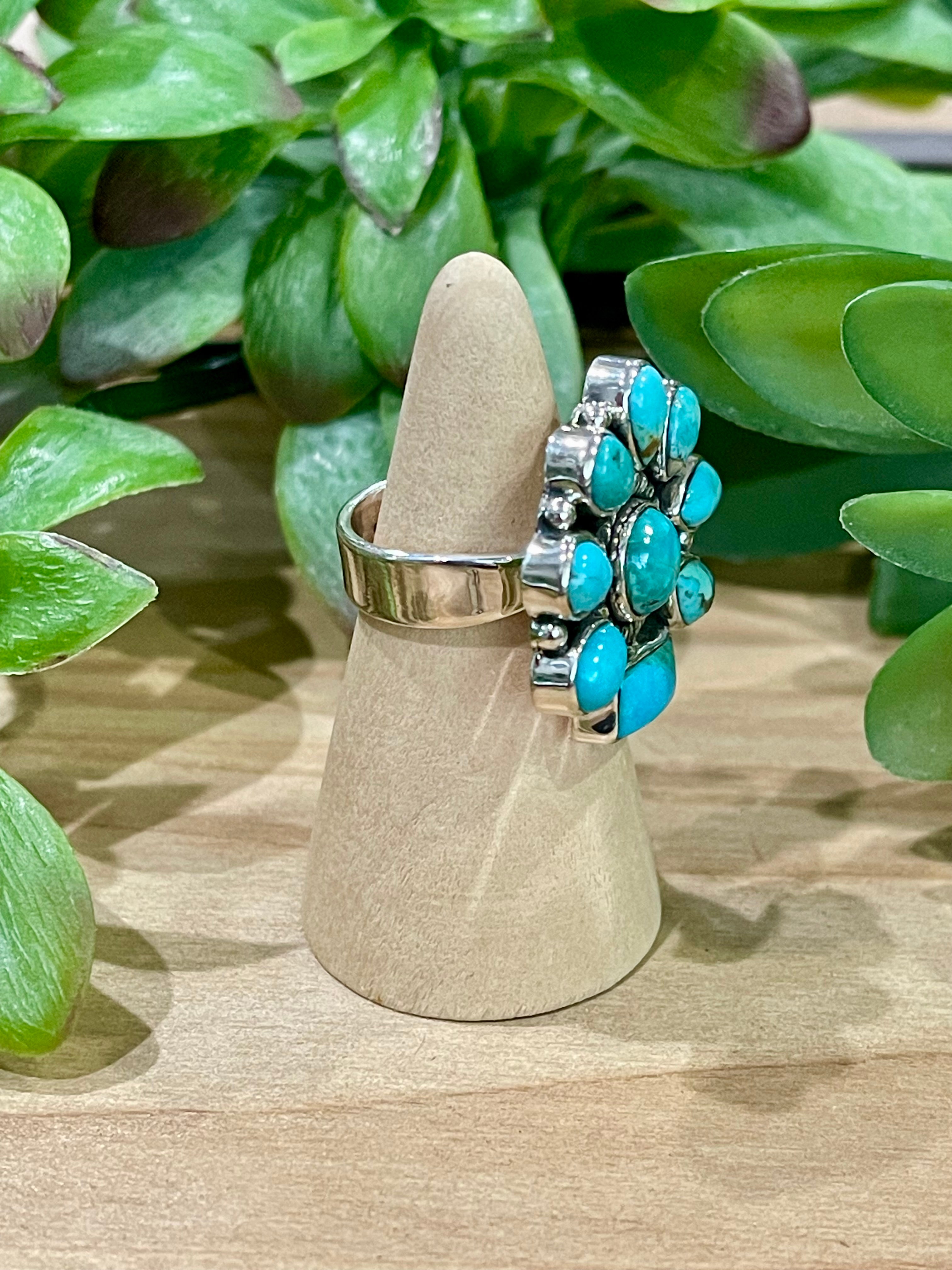 Southwest Handmade Kingman Turquoise & Sterling Silver Adjustable Flower Ring