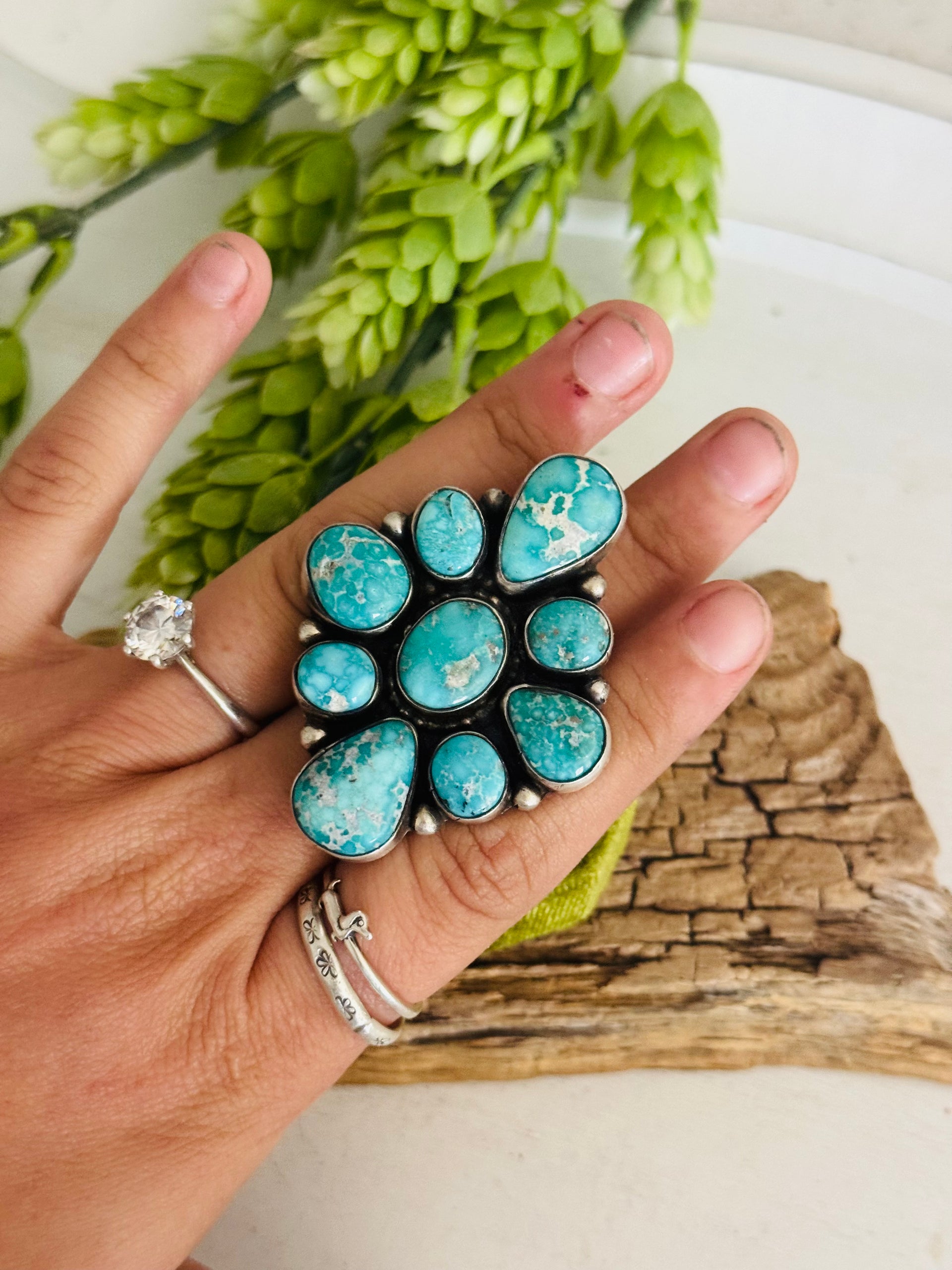 Navajo Made White Water Turquoise & Sterling Silver Cluster Ring Size 10