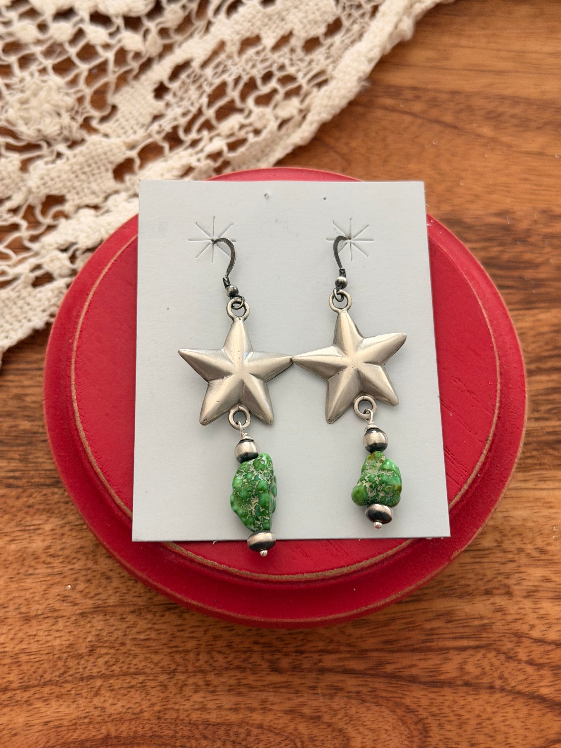 Navajo Made Sonoran Gold Turquoise Nugget & Sterling Silver Dangle Star Earrings