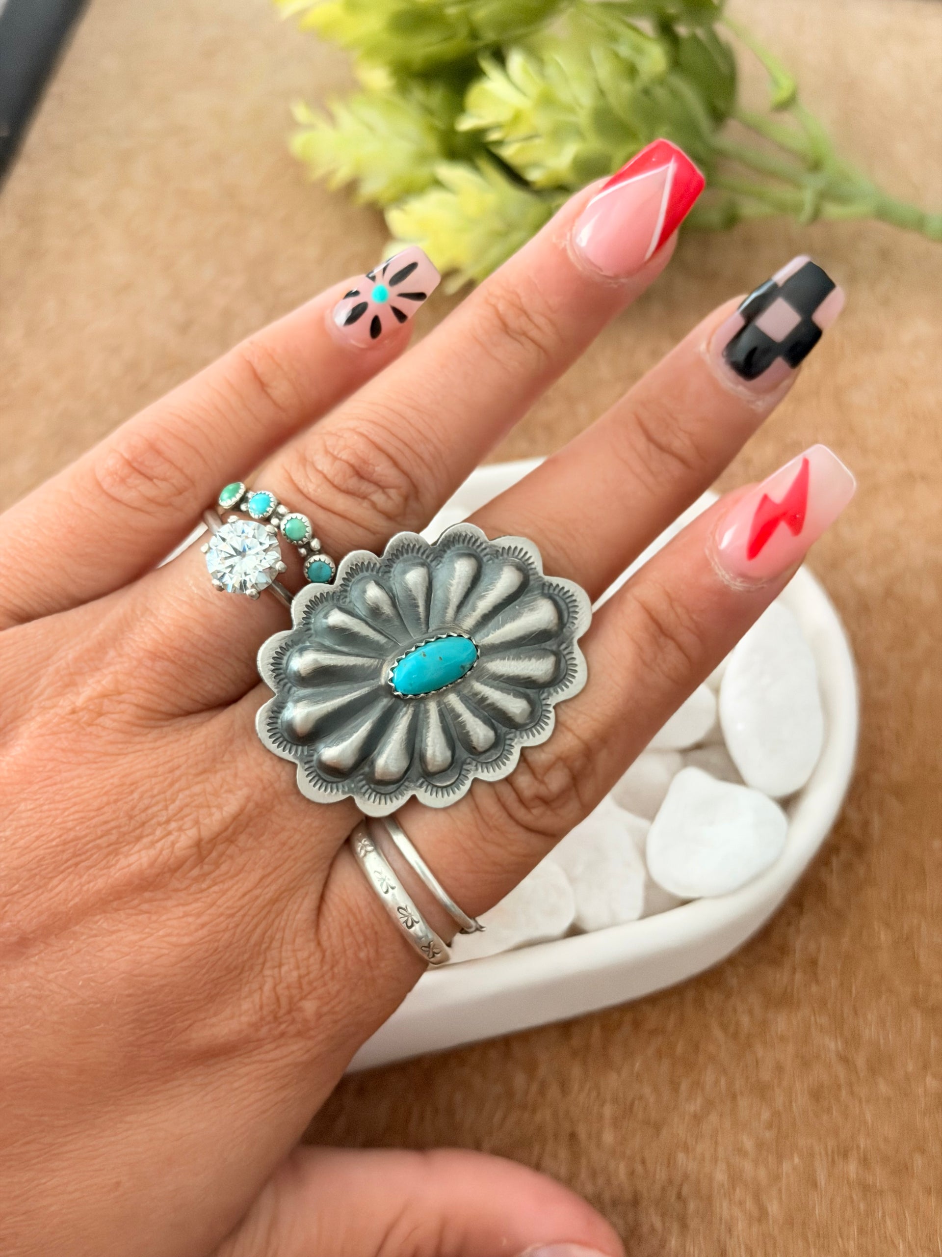 Navajo Made Kingman Turquoise & Sterling Silver Concho Ring