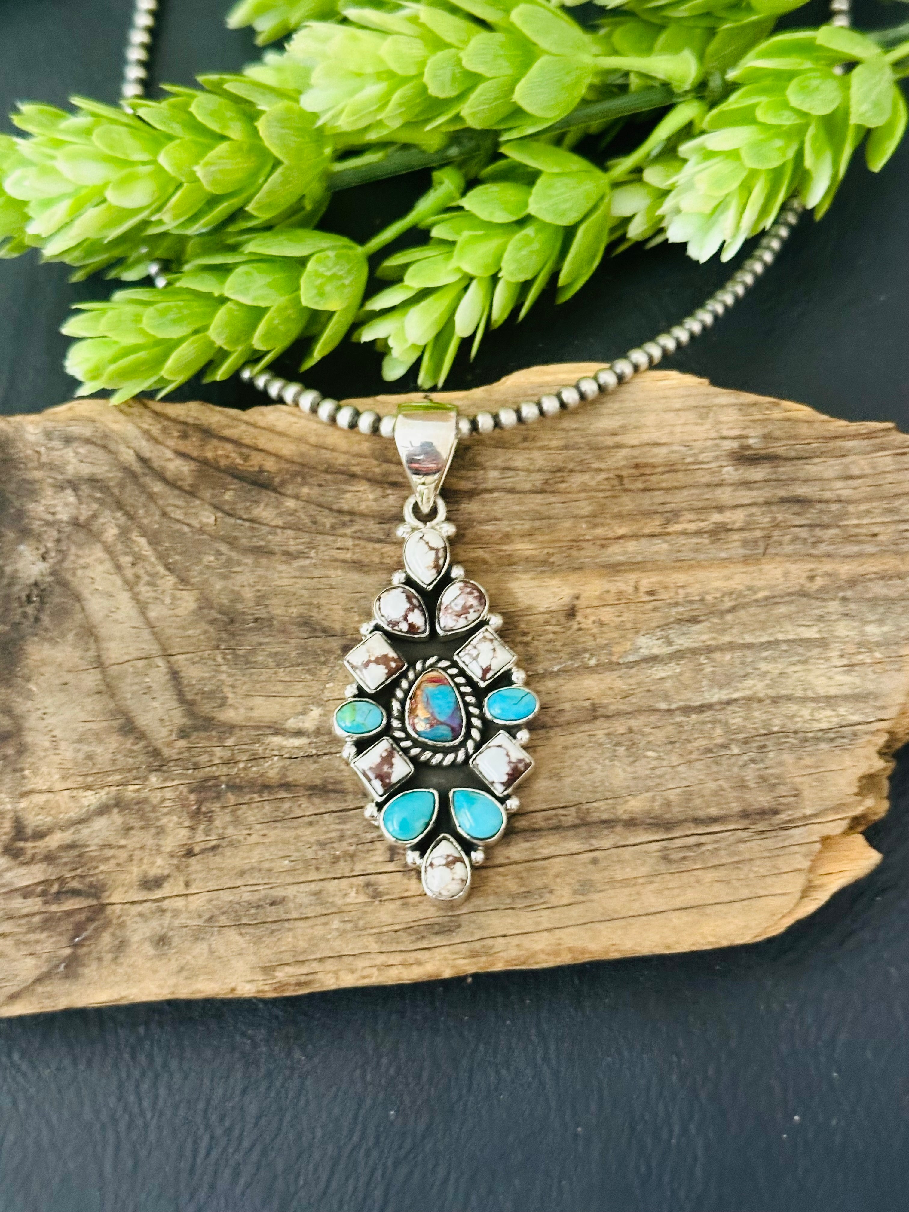 Southwest Handmade Multi Stone & Sterling Silver Cluster Pendant