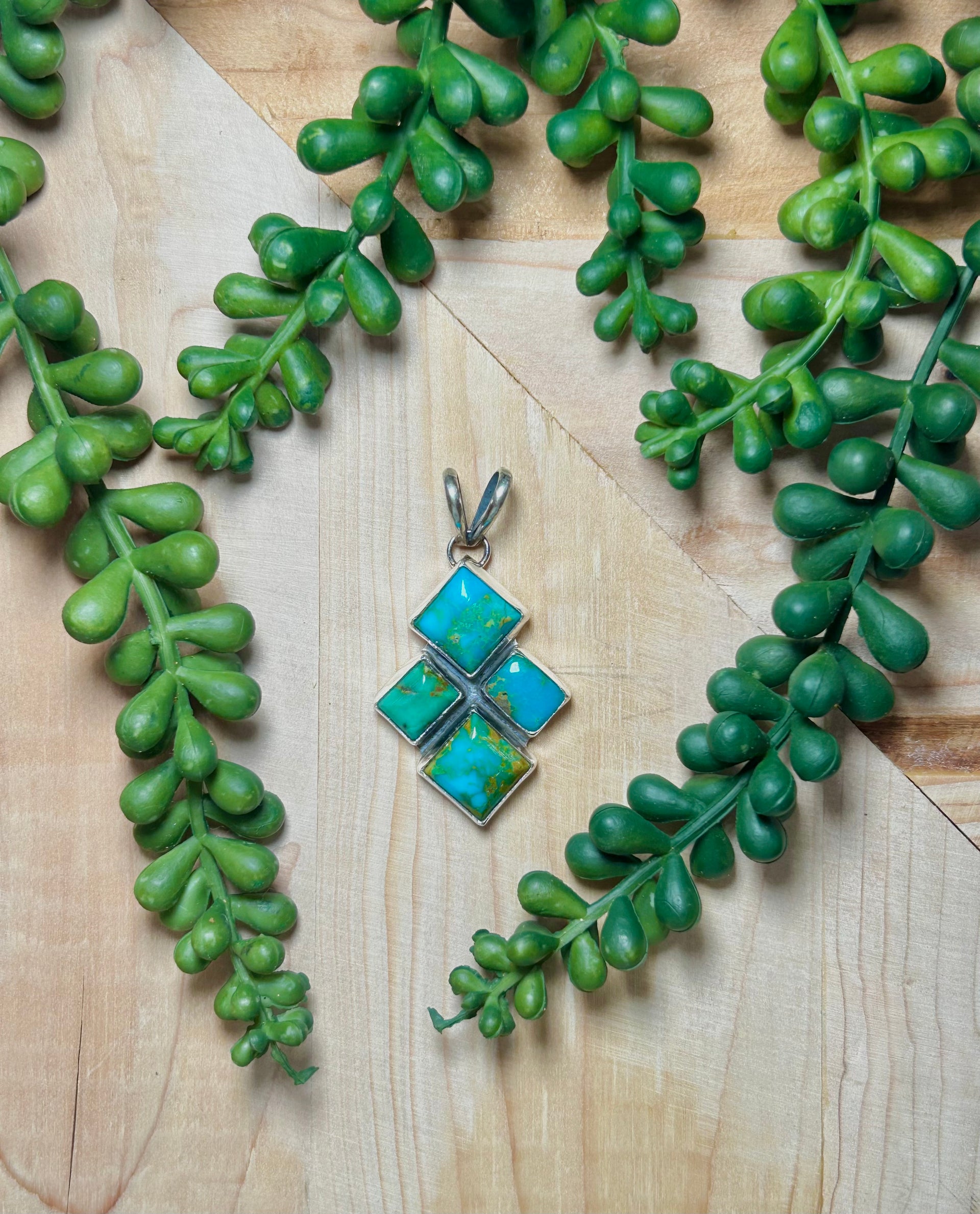 Navajo Made Kingman Turquoise & Sterling Silver Cluster Pendant