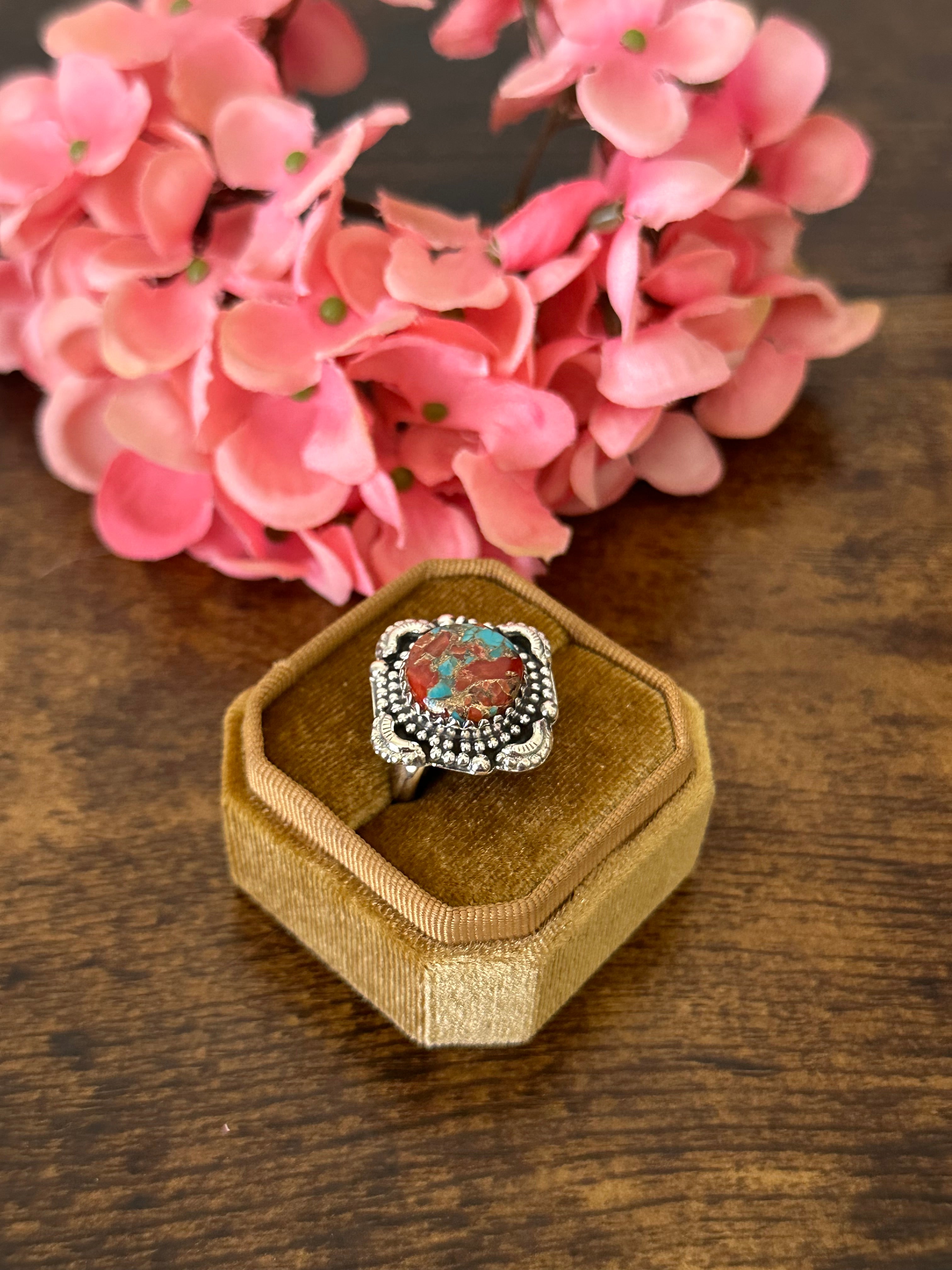 Southwest Handmade Red Mohave Turquoise & Sterling Silver Ring Size 7.5