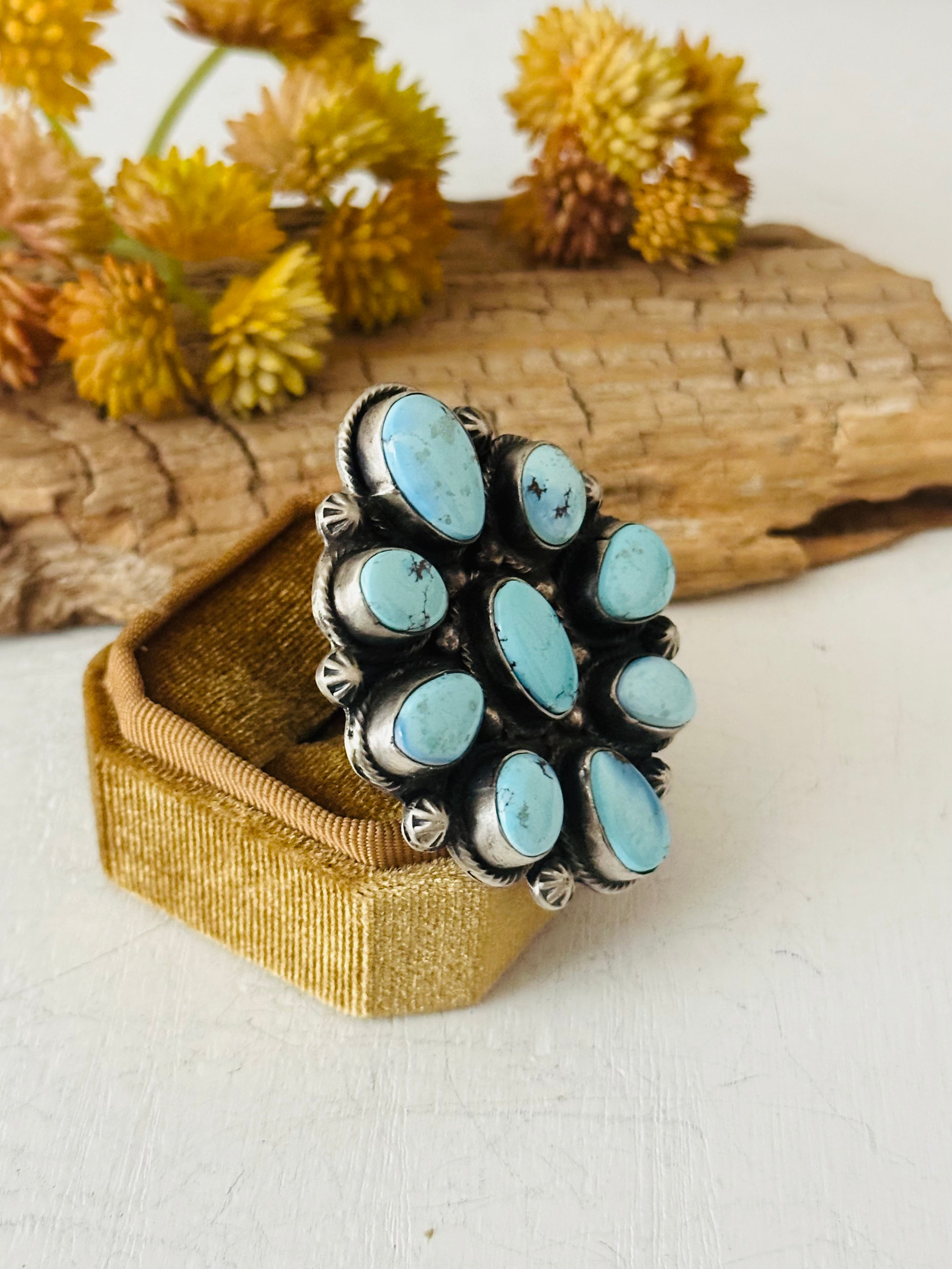 Bobby Johnson Golden Hills Turquoise & Sterling Silver Ring Size 7.5