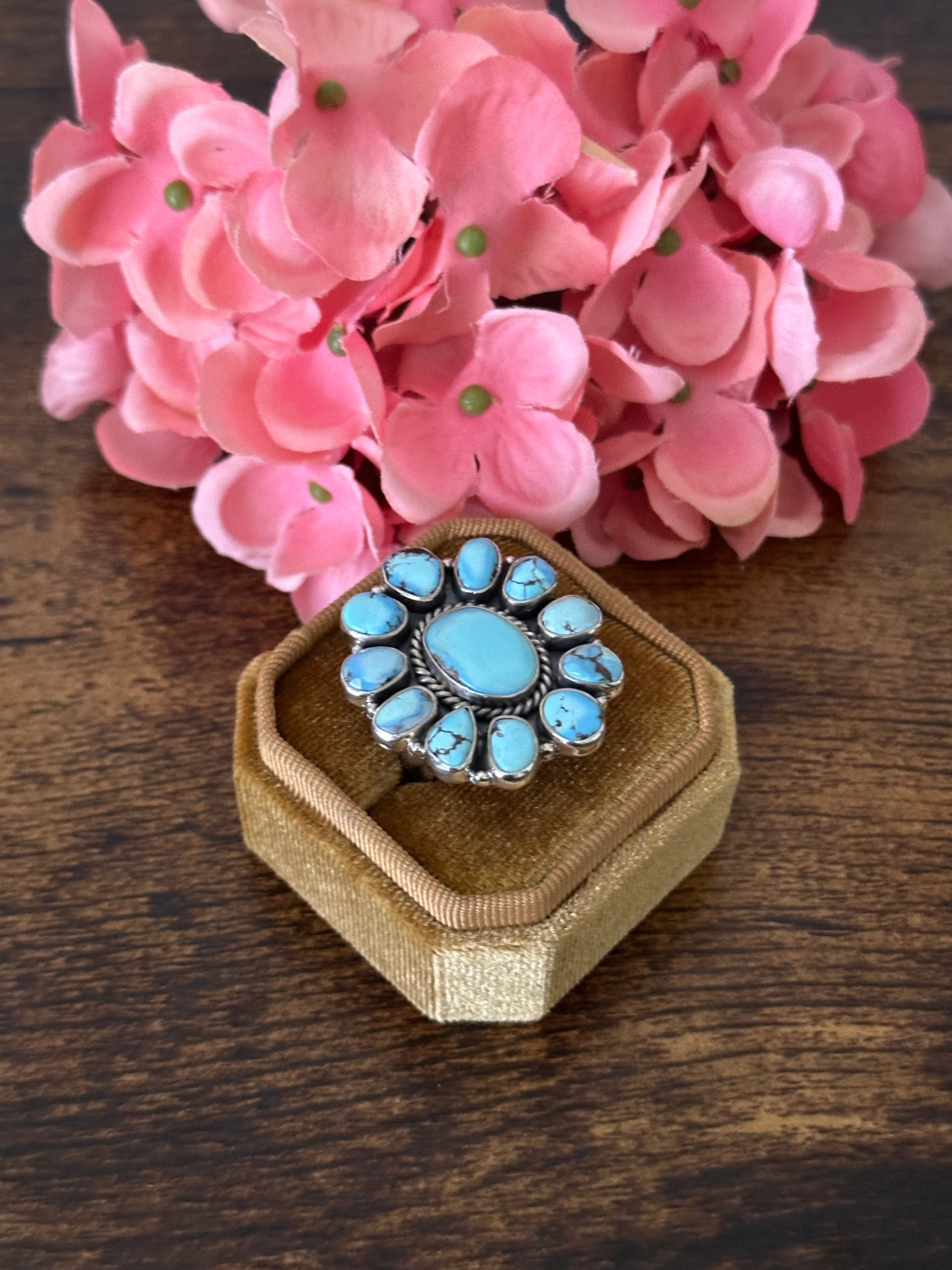 Southwest Handmade Golden Hills Turquoise & Sterling Silver Cluster Adjustable Ring